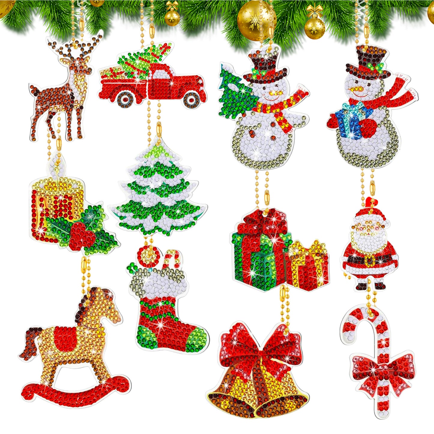 GEEHUA Christmas Diamond Art Painting Ornaments, 12PCS 5D DIY Diamond Art Painting Christmas Keychain Hanging Diamond Art Kit Christmas Keyring Pendant for Crafts Xmas Tree Decor