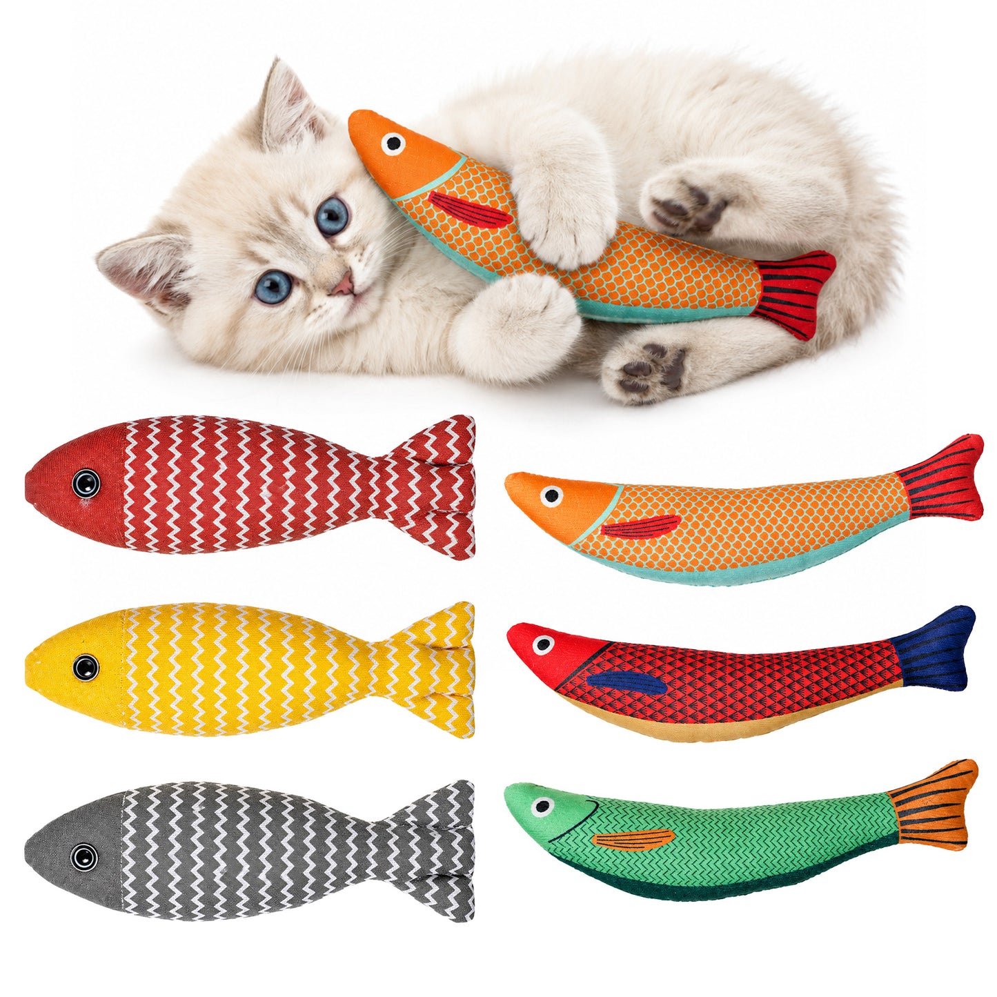 SULIKJHUI 6 Pcs Cat Fish Toy Set, 2 Styles Cat Kicker Toy with Catnip, Soft Linen & PP Cotton, Interactive Chew Toys for Indoor Cats