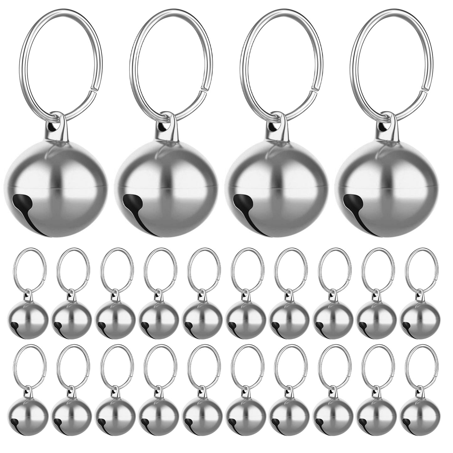 Molain 24pcs Cat Bells with Keyrings- Dog Collar Bells, Training Jingle Bell Collar Pendant Pet Accessories Festival Party DIY Small Bells (Silver)