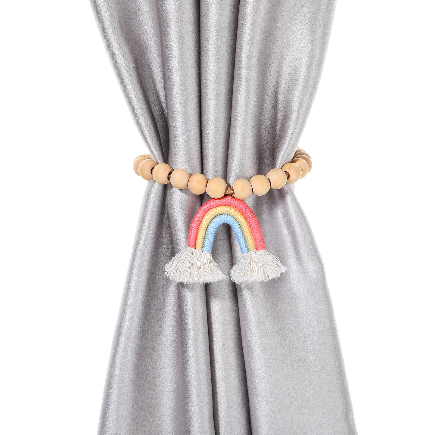 Yuanchu Curtain Tie Back, Curtain Tiebacks with Rainbow Tassel Pendant Wooden Beaded Tie Back for Curtain Magnetic Tieback for Curtain Rainbow Tassel Curtain Tieback