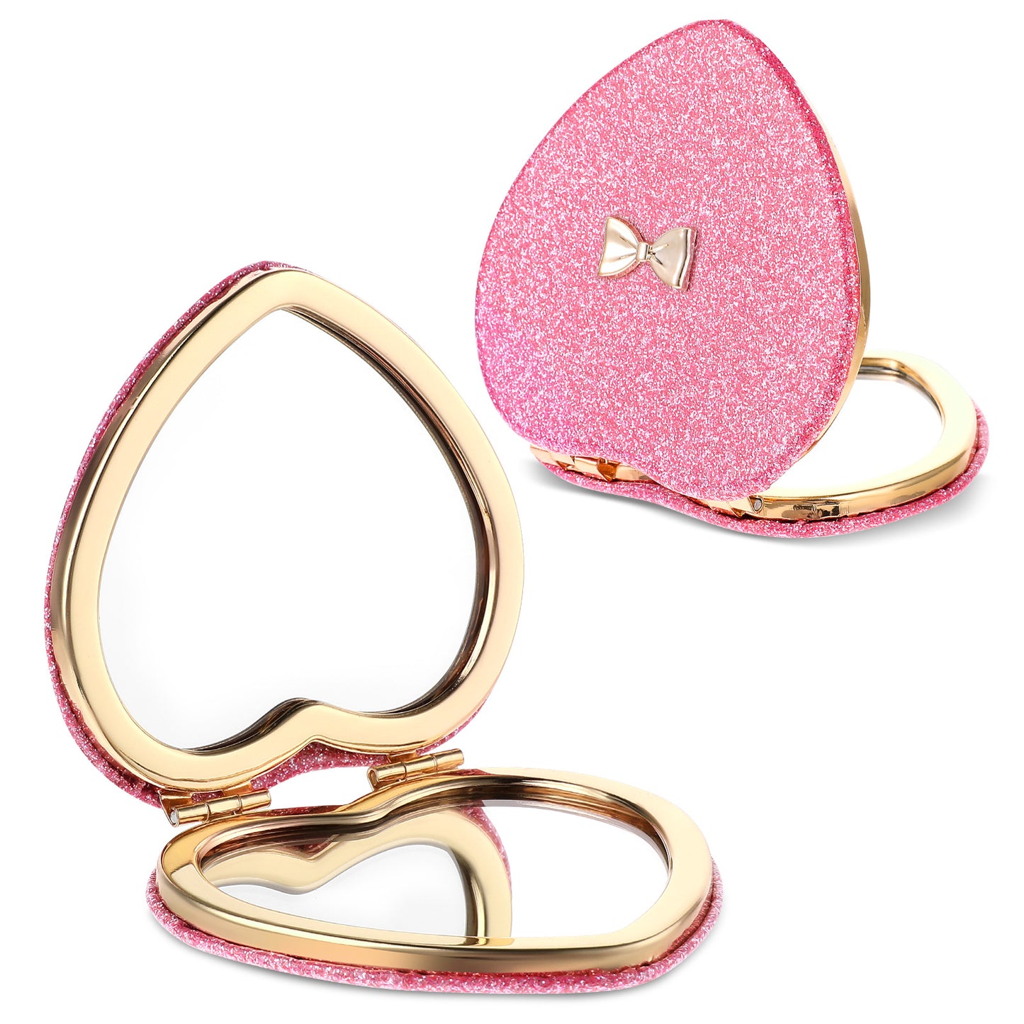 XLIUAX 2 Pcs Pink Heart Shaped Compact Mirror, Glitter Cute Bow Magnifying Folding Purse Mirrors Portable Travel Makeup Mirror Small Pocket Cosmetic Mirrors for Women