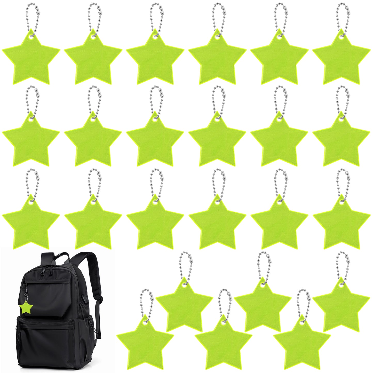 TIESOME 24 Pcs Reflector Pendant, Reflective Keyring with Chains, High Visibility Safety Star for School Bag, Backpack, Cycling, Walking & Running, Waterproof (Multi-Color)