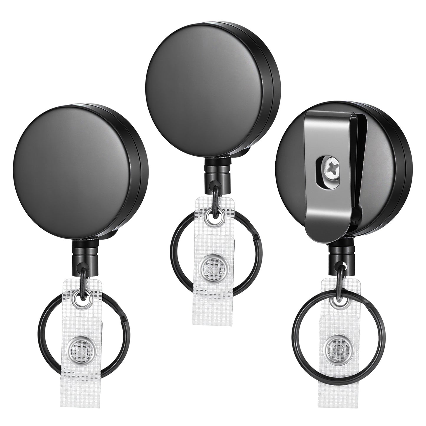 LXUEJIE 3 Pcs Retractable Badge Holder, Heavy Duty All Metal Retractable Badge Reel with Stainless Steel Spring Coil, 60 cm Nylon Rope, Belt Clip and Key Ring, Black