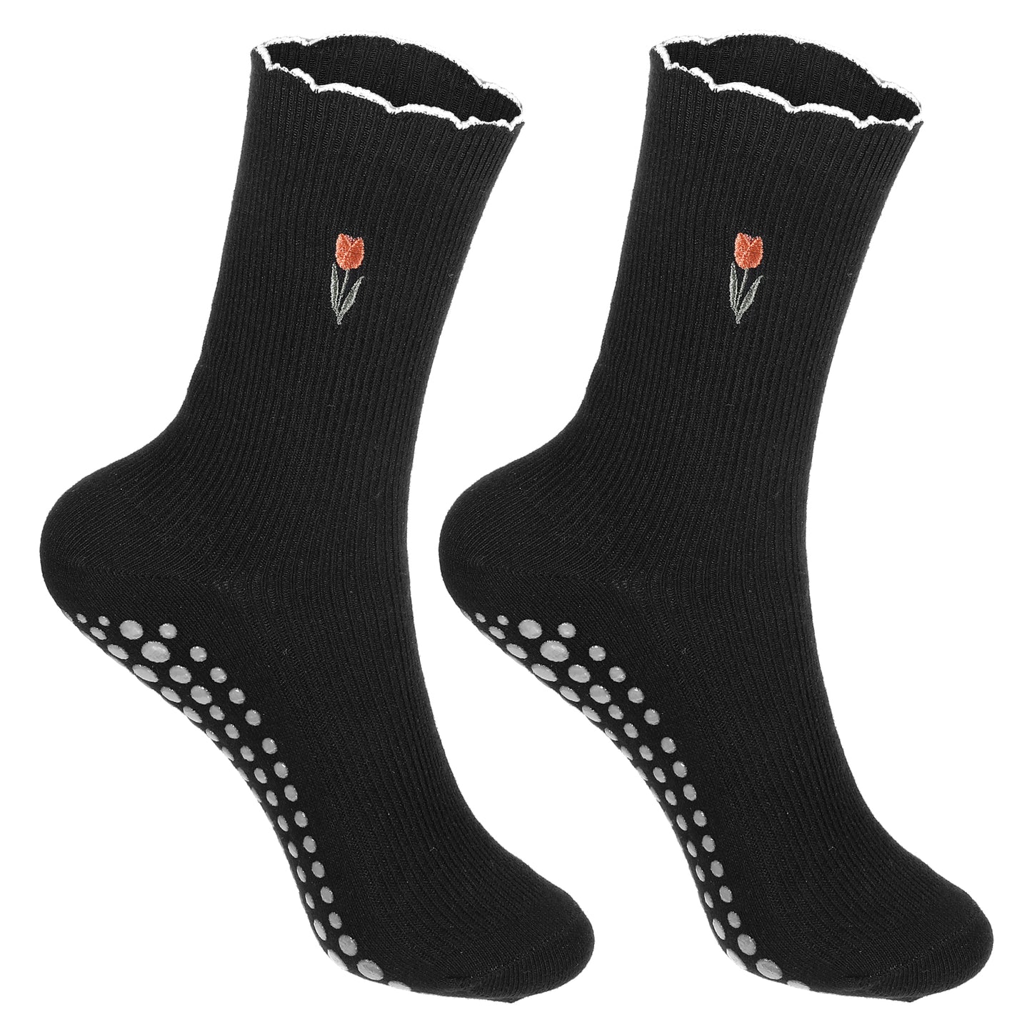 TIESOME Cute Non-Slip Grip Pilates Yoga Socks, Women's Cute Ballet Socks with Ruffle Cuff Embroidery Design(black)
