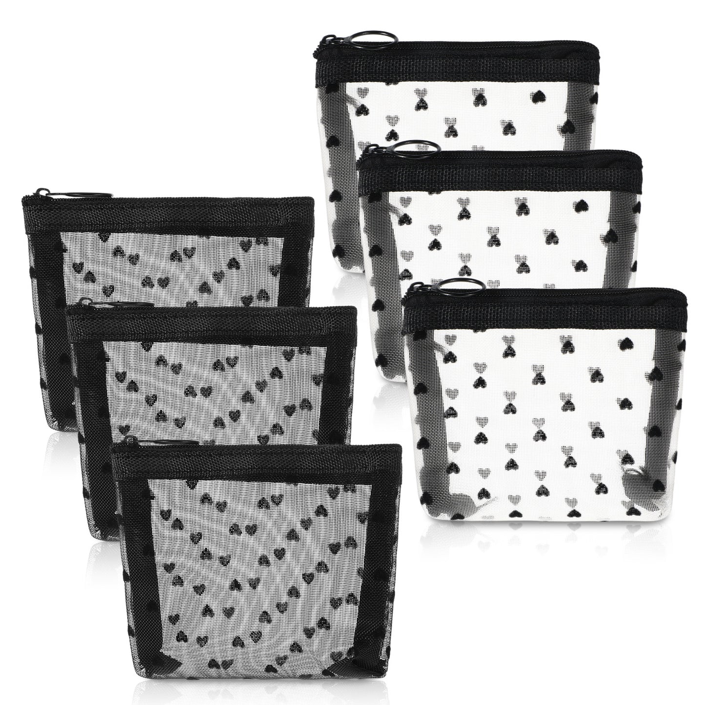 LXUEJIE 6 Pcs Mini Mesh Makeup Bags, Mesh Makeup Bag with Zipper Heart Print Meshes Storage Pouch Small Cosmetic Bag for Purse for Home Travel(Black, Apricot)