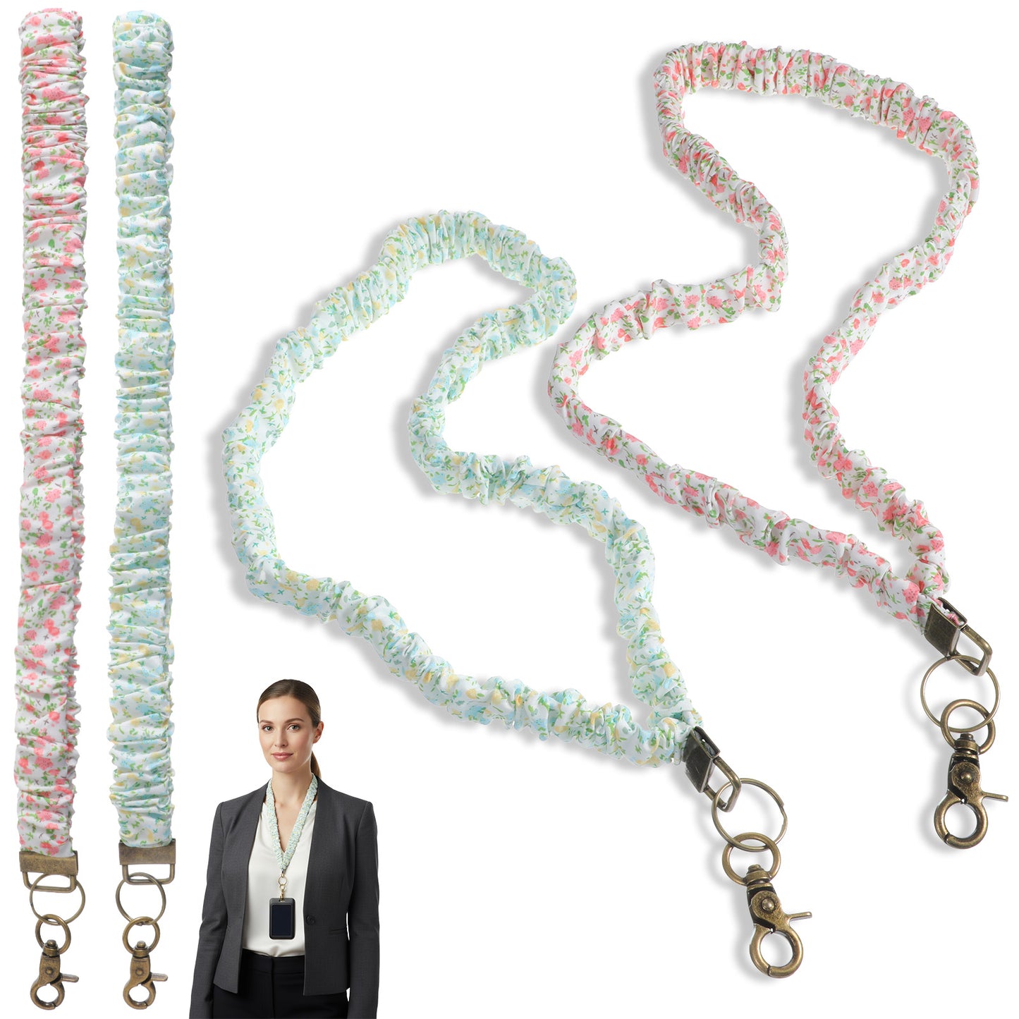 WJIAAA 2 Pack Teacher Scrunchie Lanyard with Lobster Clasp, Stretchy Floral Retractable Keychain for ID Badges and Keys(Pink and Green)