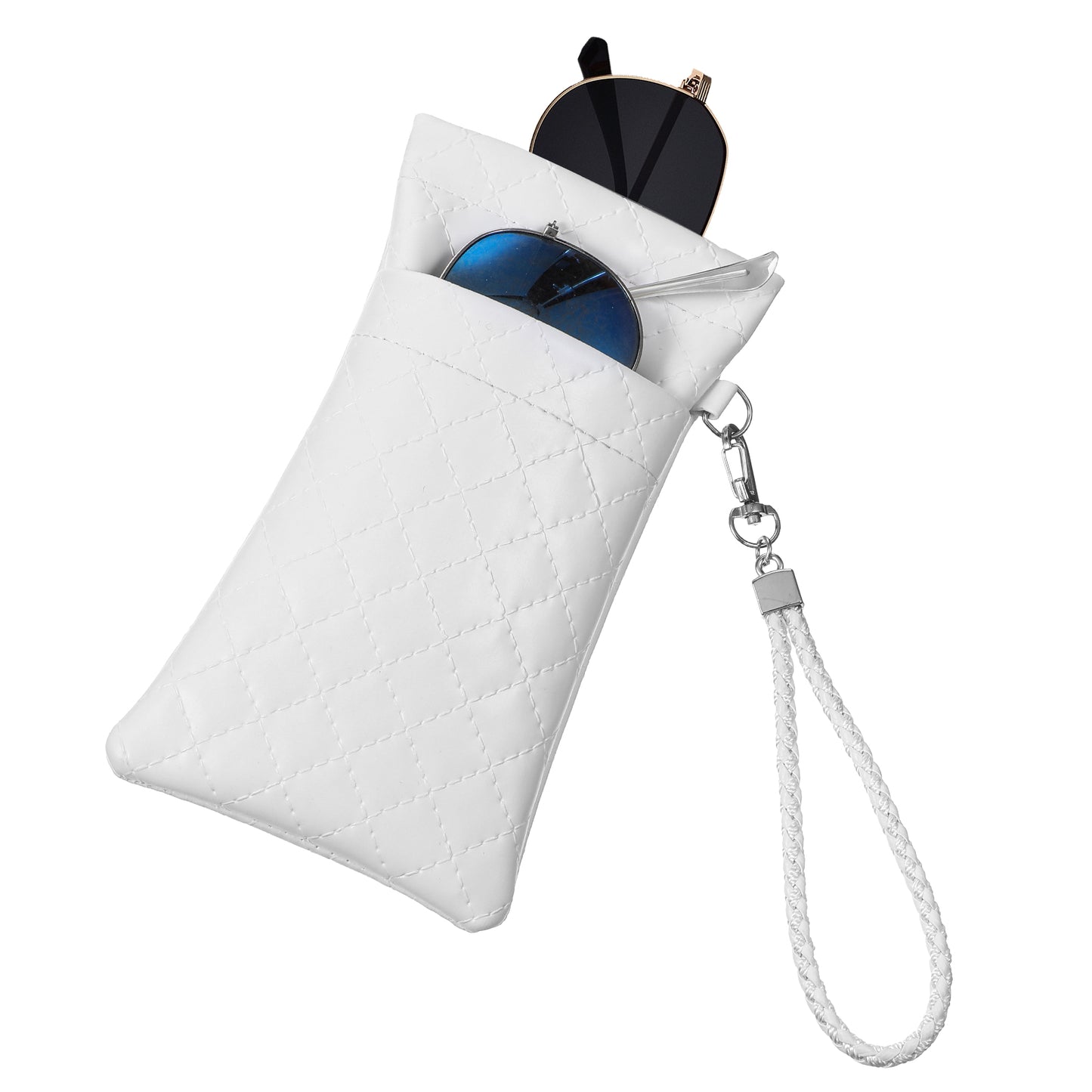 HJZHII Double Glasses Cases, Soft Eyeglass Case Squeeze Top Sunglass Pouch with Wrist Strap PU Leather Pouches for Men Women, White