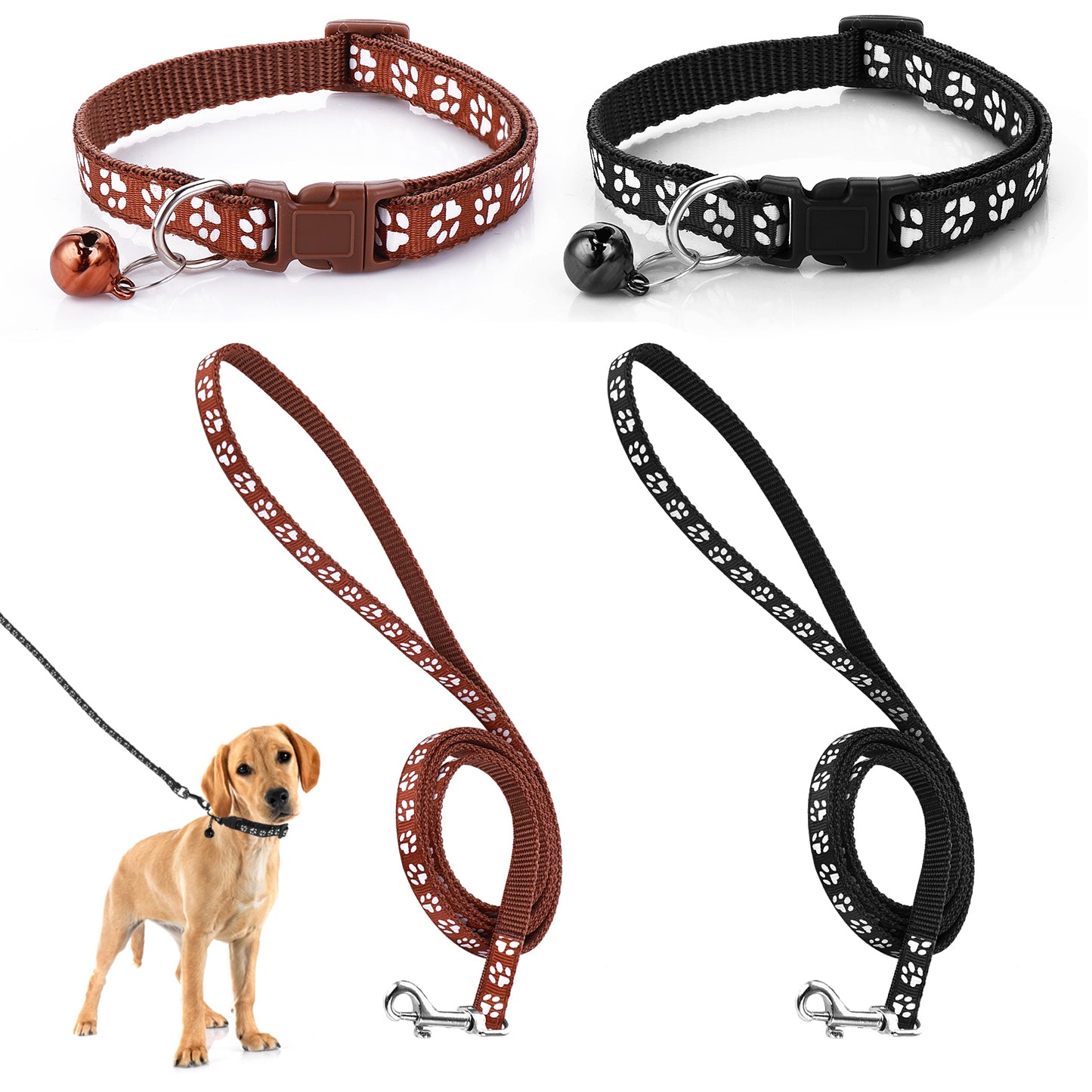 HJZHII 2Pcs Dog Collar, Small Medium Dog Puppy Pet Collar Sets with Safety Buckle Design Nylon Adjustable Durable Pet Collars with Bell and 120cm Leash (Black, Coffee)