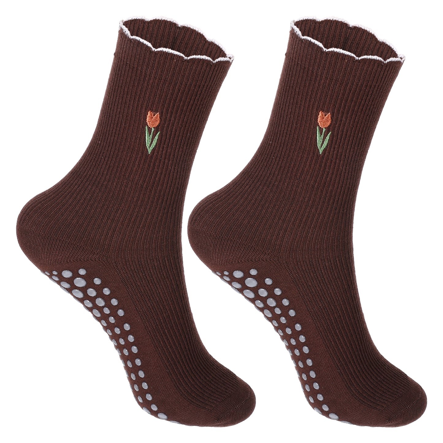 TIESOME Cute Non-Slip Grip Pilates Yoga Socks, Women's Cute Ballet Socks with Ruffle Cuff Embroidery Design(dark brown)