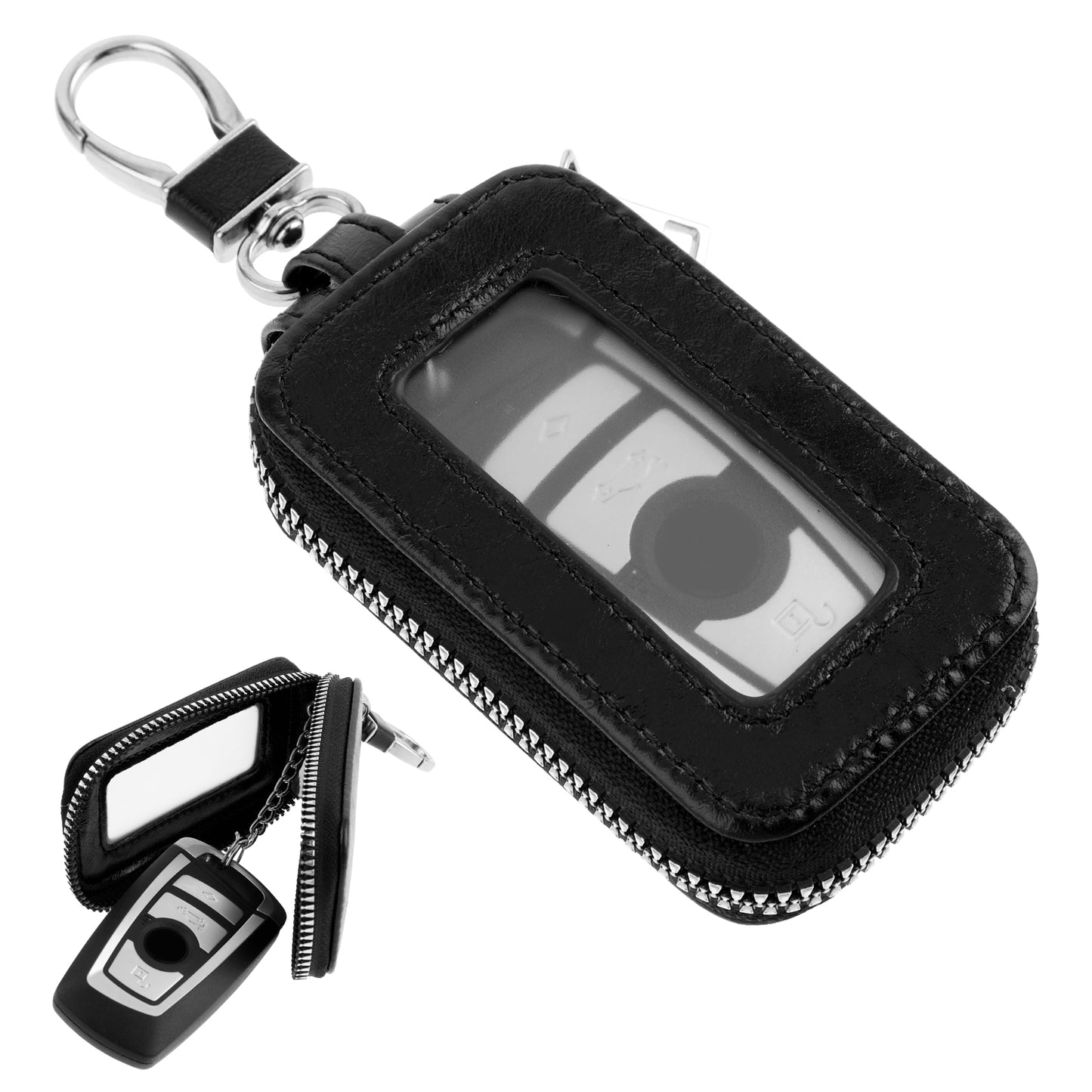XLIUAX Leather Car Key Fob Case, Transparent Window Key Holder with Metal Hook and Keyring Black Zipper Auto Keys Case Cover Bag Protector for Men Women