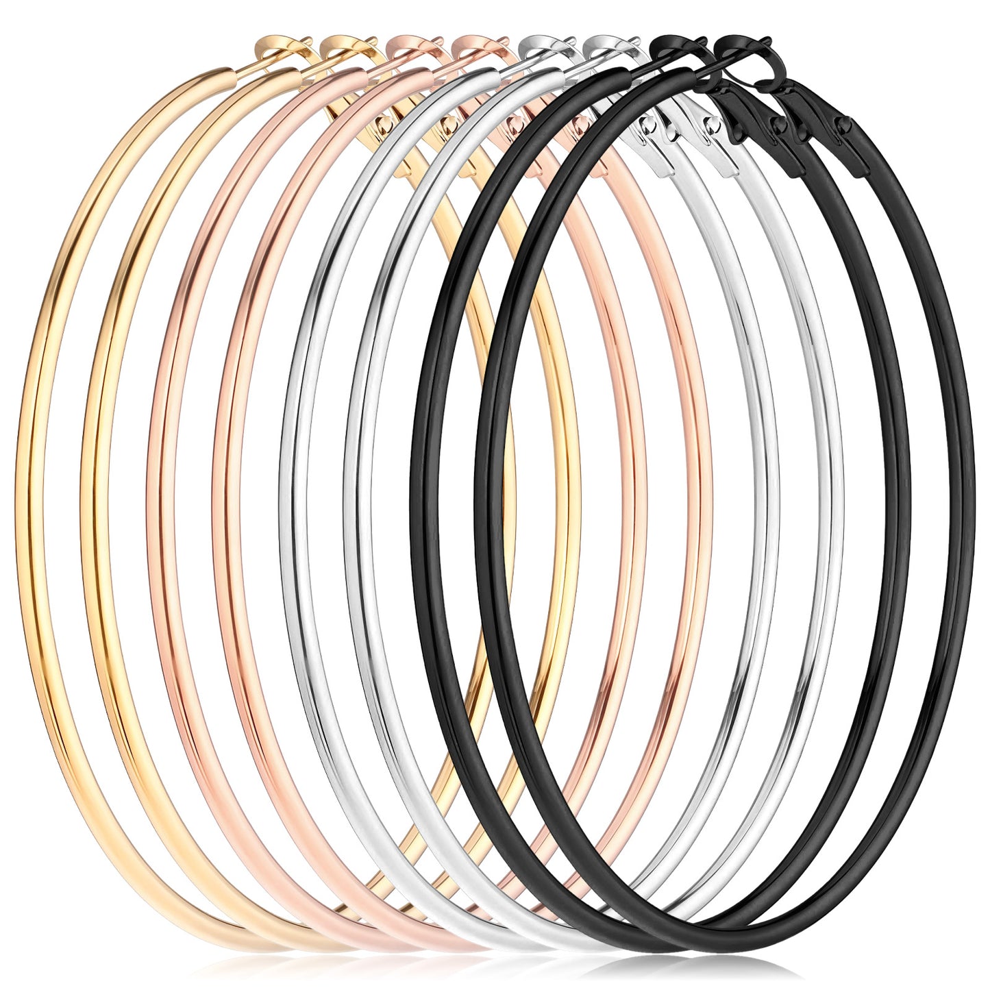 MBAIYO 4Pcs Stainless Steel Hoop Earrings, Large Circle Silver Hoop Cartilage Gold Silver Rose gold Black Oversize Earrings for Women