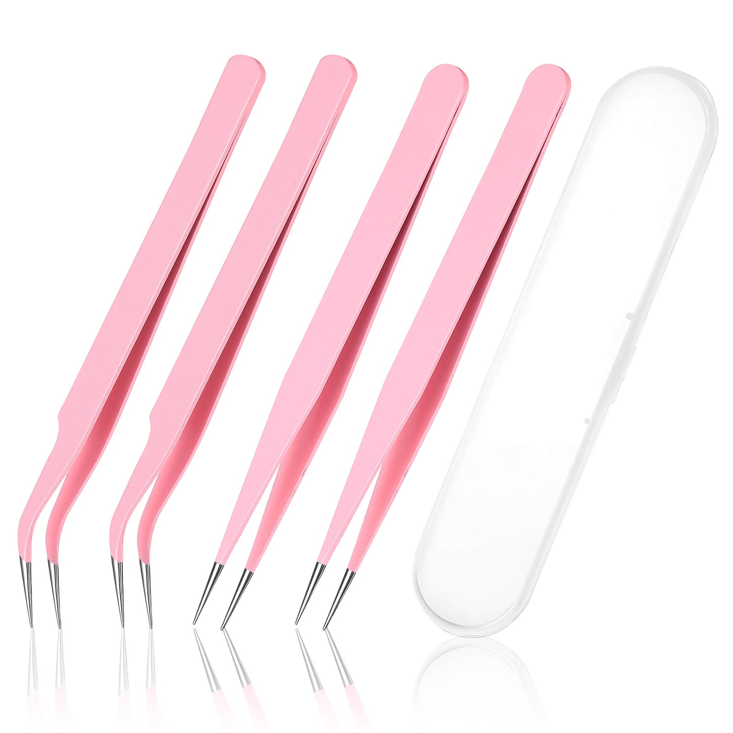 HJZHII 4PCS Sticker Tweezers, Stainless Steel Multipurpose Straight and Curved Tip Tweezer Pink Craft Tweezers Kit Jewelry Making Tools for Sticker Detailed Crafting Eyelash Extensions Nail Art Electr
