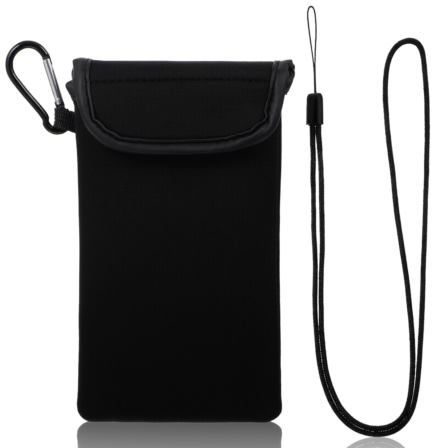 IANFAN Neoprene Phone Pouch, Universal Phone Sock Protects Black Mobile Sleeve Case with Carabinas and Neck Lanyards Straps Mobile Sleeve Bag for Camping Hiking Travelling Outdoor(7.1 x 3.94in)