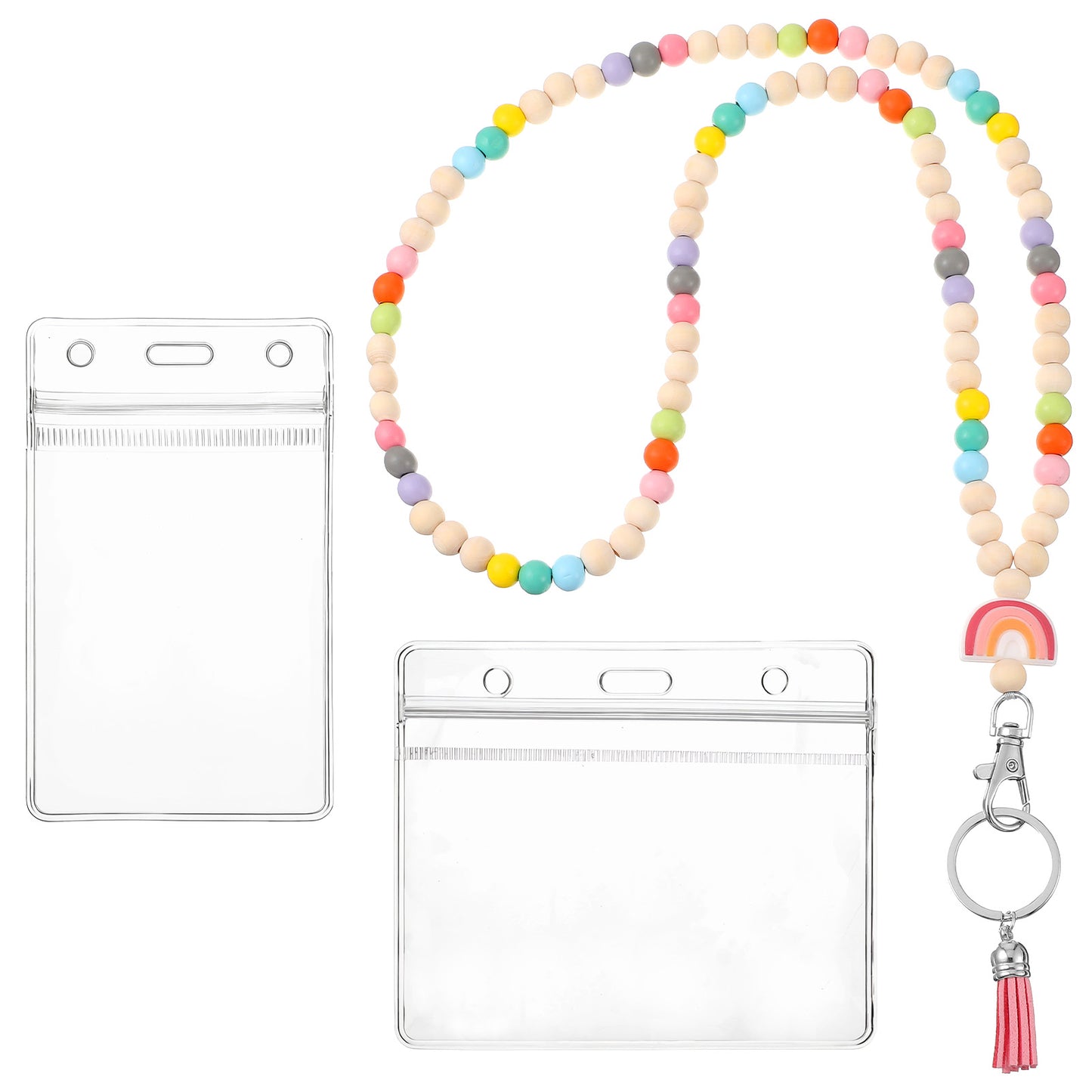 HJZHII Teacher Lanyard with ID Holder, Wooden Beaded Lanyard Retractable Lanyards Colorful Wood Beaded Personalized Lanyards String for Keys Id Badges Nurse Badge Cruise Ship Cards Keychain