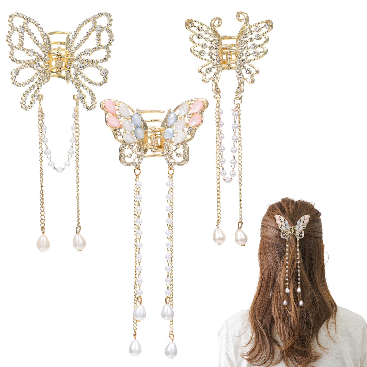 DOPENSPI 3 PCS Tassel Butterfly Hair Clips, Gold Butterfly Hair Claw Clips with Pearl Tassel Metal Non-Slip Hairs Clamps Fancy Claw Clip Cute Barrettes Accessories for Women and Girls