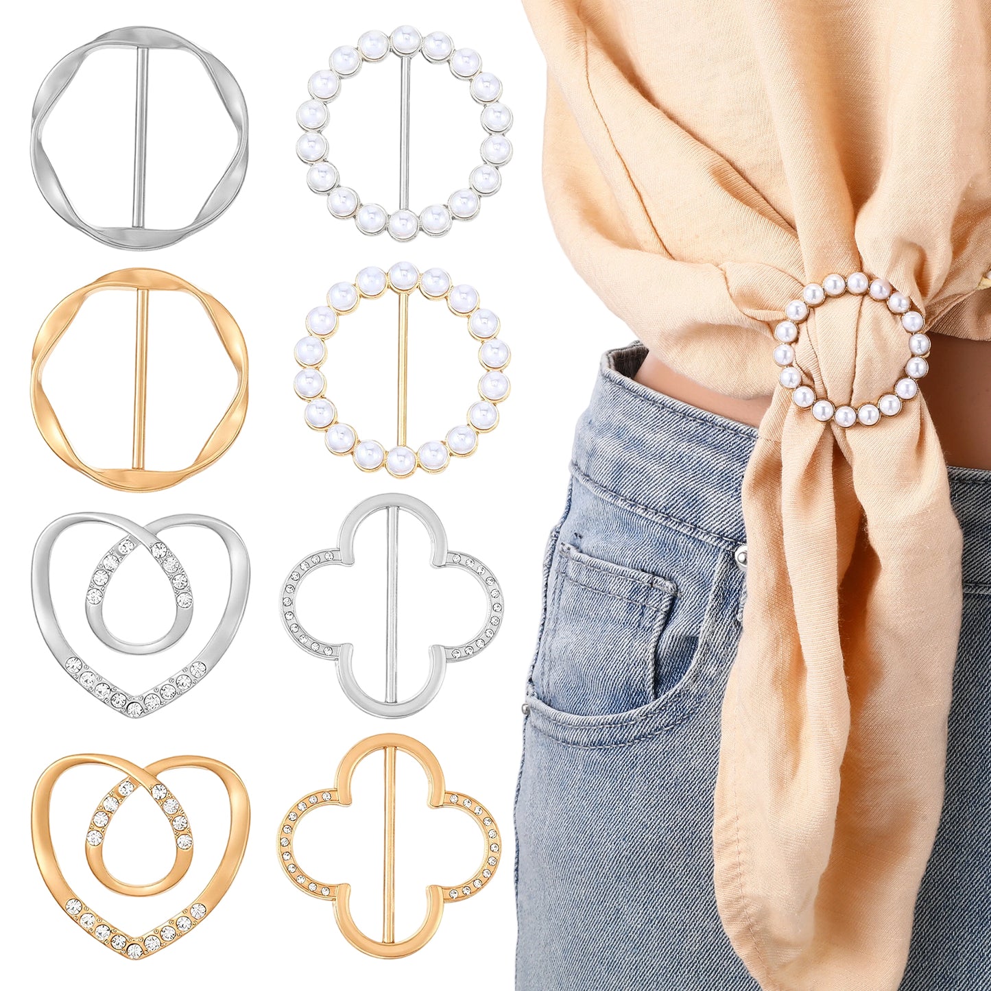 WJIAAA Scarf Ring Clip, 8pcs Clothes Corner Knotted Button Pearl Scarf Ring Buckle Clips for Women Fashion Metal Buckle for Clothes Hat Belt Decor