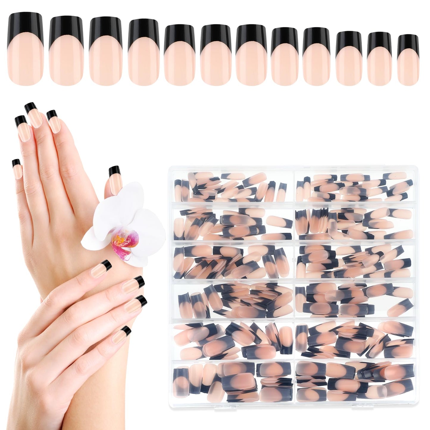 cobee 360pcs Press on Nails Square, Black French Tip False Nails Glossy Coffin Glue on Nails Ballerina Full Cover Artificial Acrylic Nails Tip for Women Girls DIY Nail Art Design, 10 Sizes(Long)