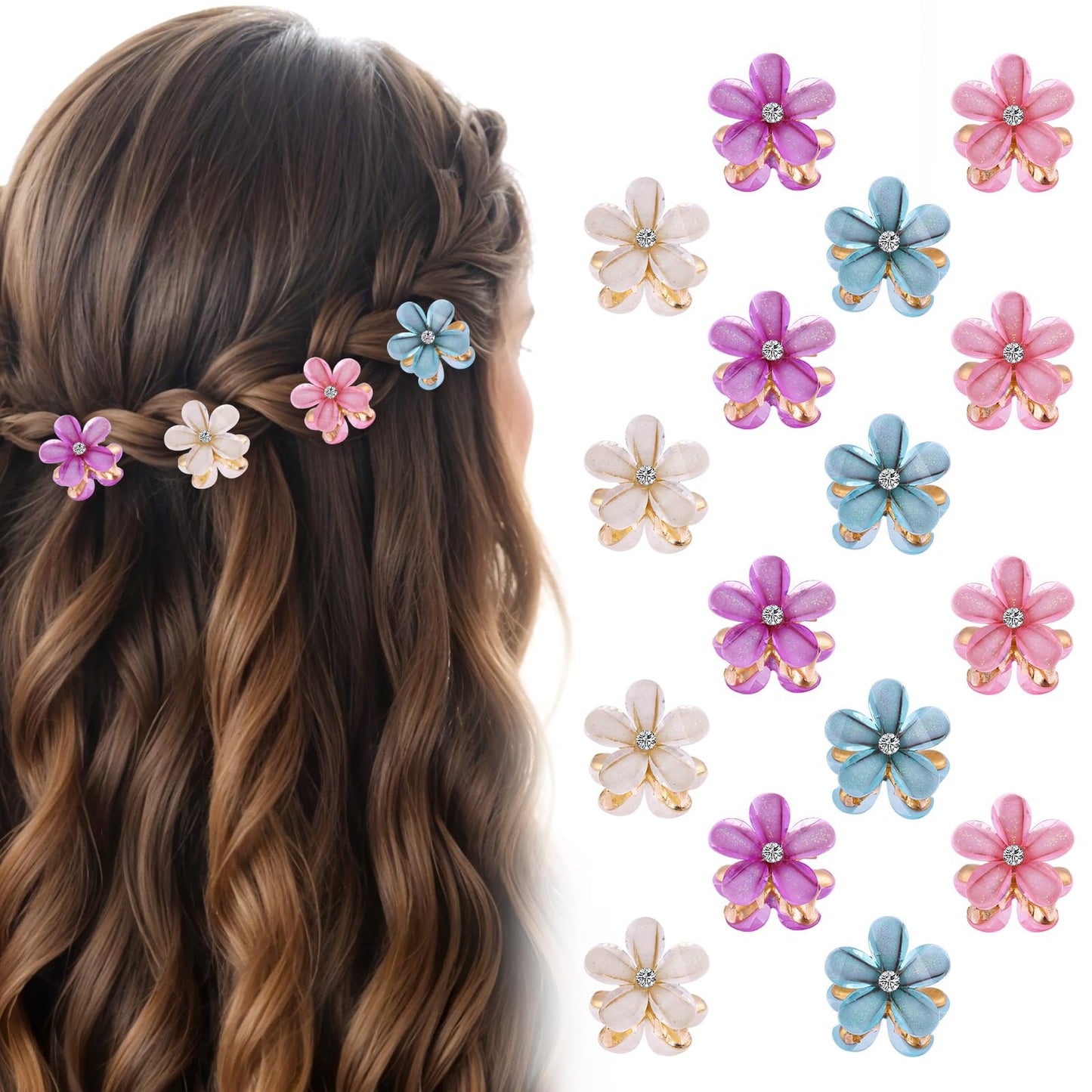 Yuanchu Small Flower Hair Clips, Pack of 16, Acrylic Girls Flower Hair Clip, Rhinestone Hair Accessories, Women's Vintage Mini Diamond Hair Clip, Small Hair Clip, Performance Headwear, Wedding Bridal