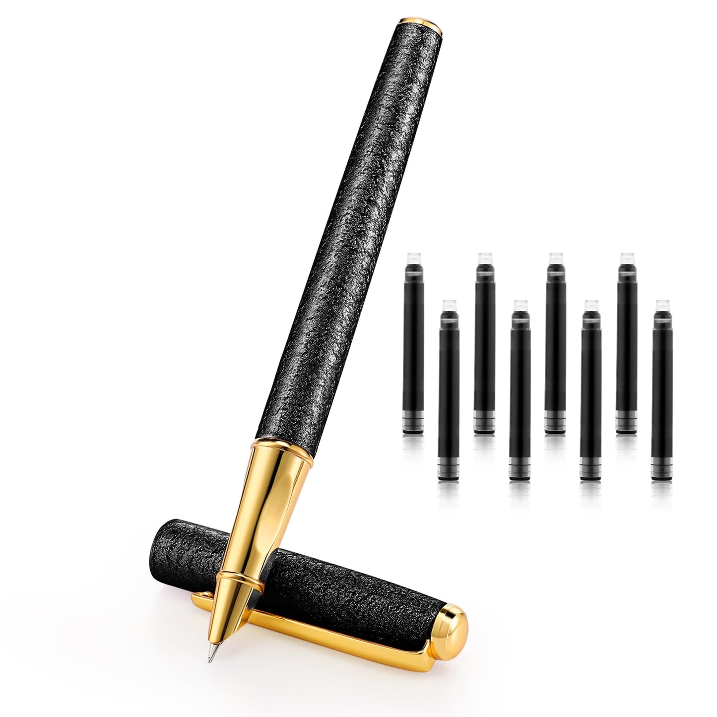 Amabro Luxury Fountain Pen Set, 0.5mm Fancy pens Smooth Writing Fine Nib Pen with 8 Ink CartridgesPen Nice pens Executive Office Pen Best Gift for Men Women(Black)