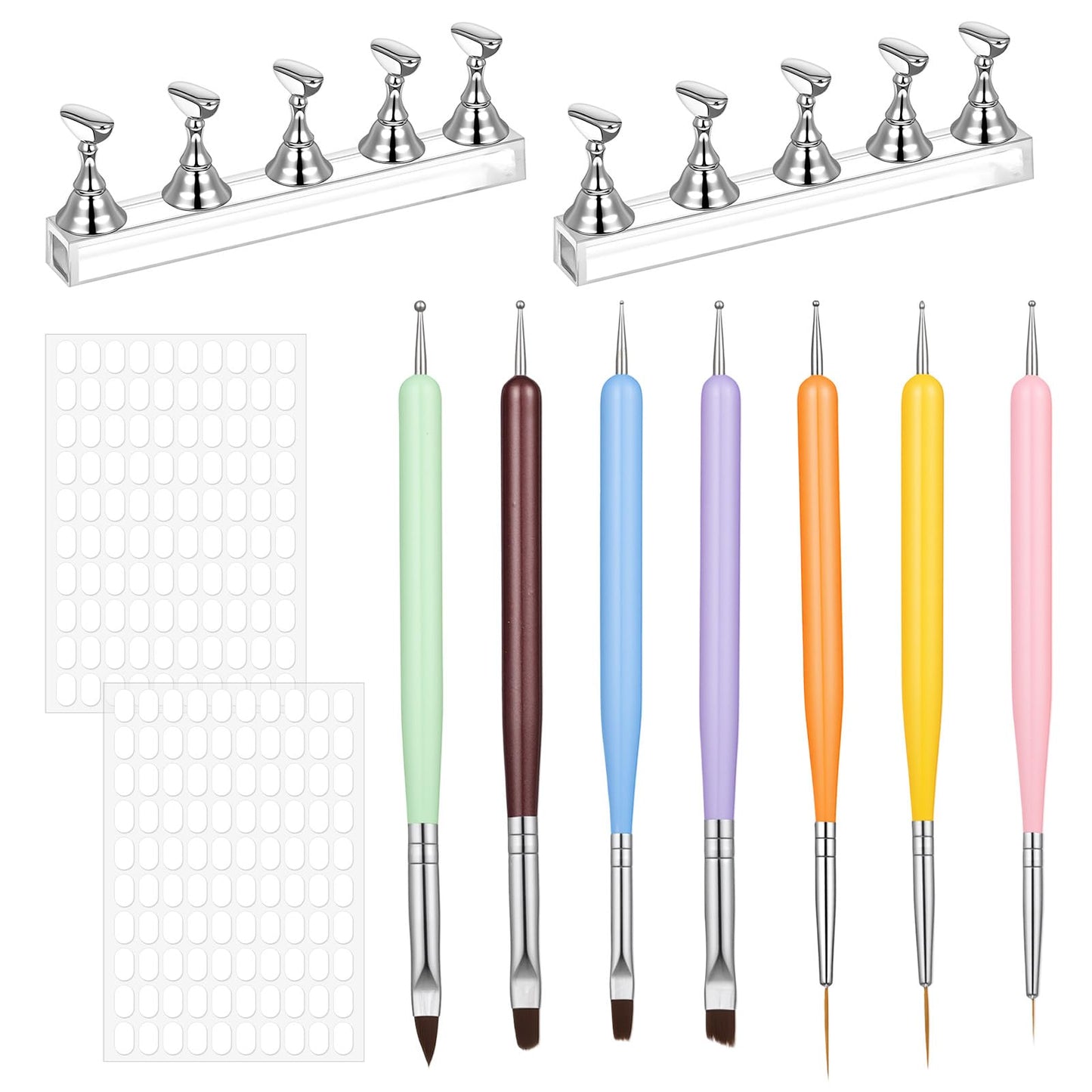 MBAIYO 10 Pieces Magnetic Nail Holder, 7-Piece Nail Art Brush Set, Acrylic Nail Stand for Press-On Nails Including Liner Builder Gel Brush & Dotting Pens Manicure Tool for DIY Nail Design Salon
