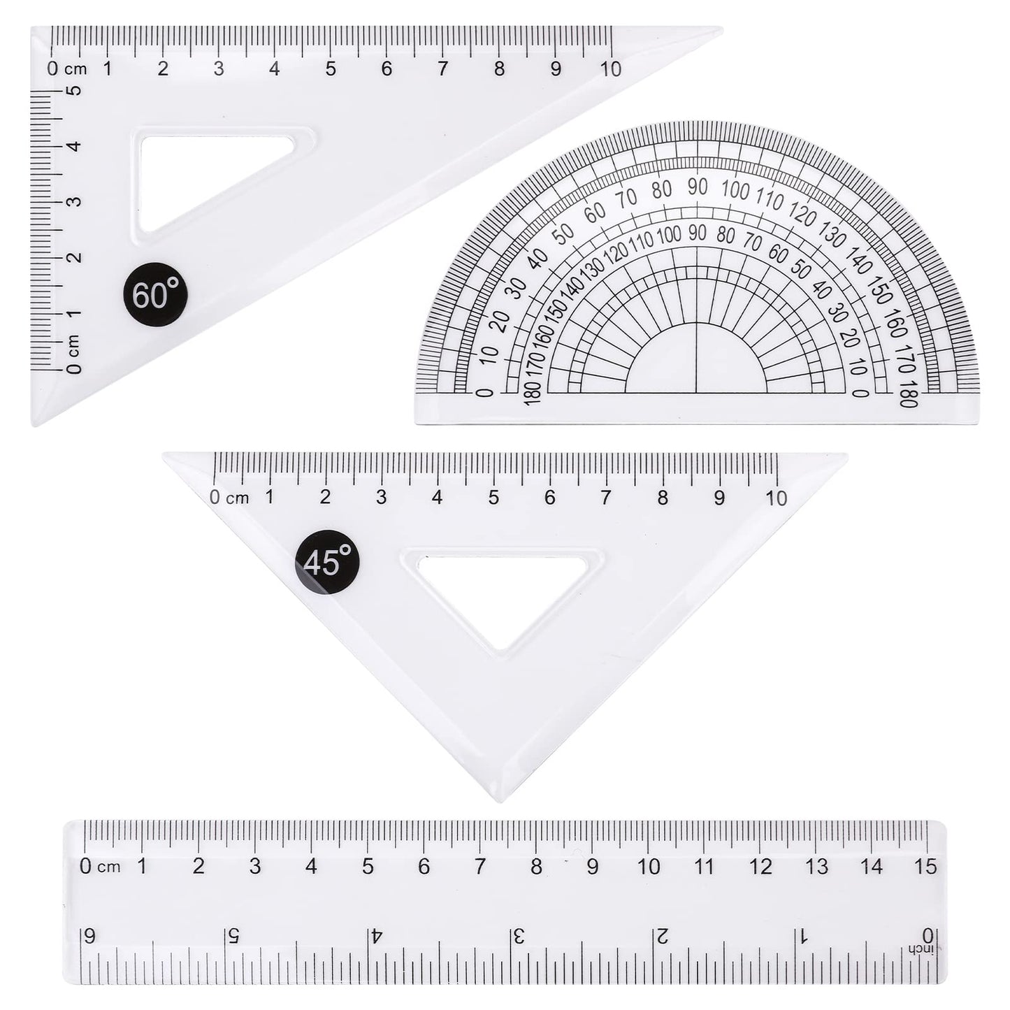 cobee Math Geometry Tools, 4PCS Plastic Geometry Kit Includes Straight Ruler, Triangle Rulers, Protractor, Drafting Ruler Geometry Math Ruler Measuring Tool for Student School Office Supplies