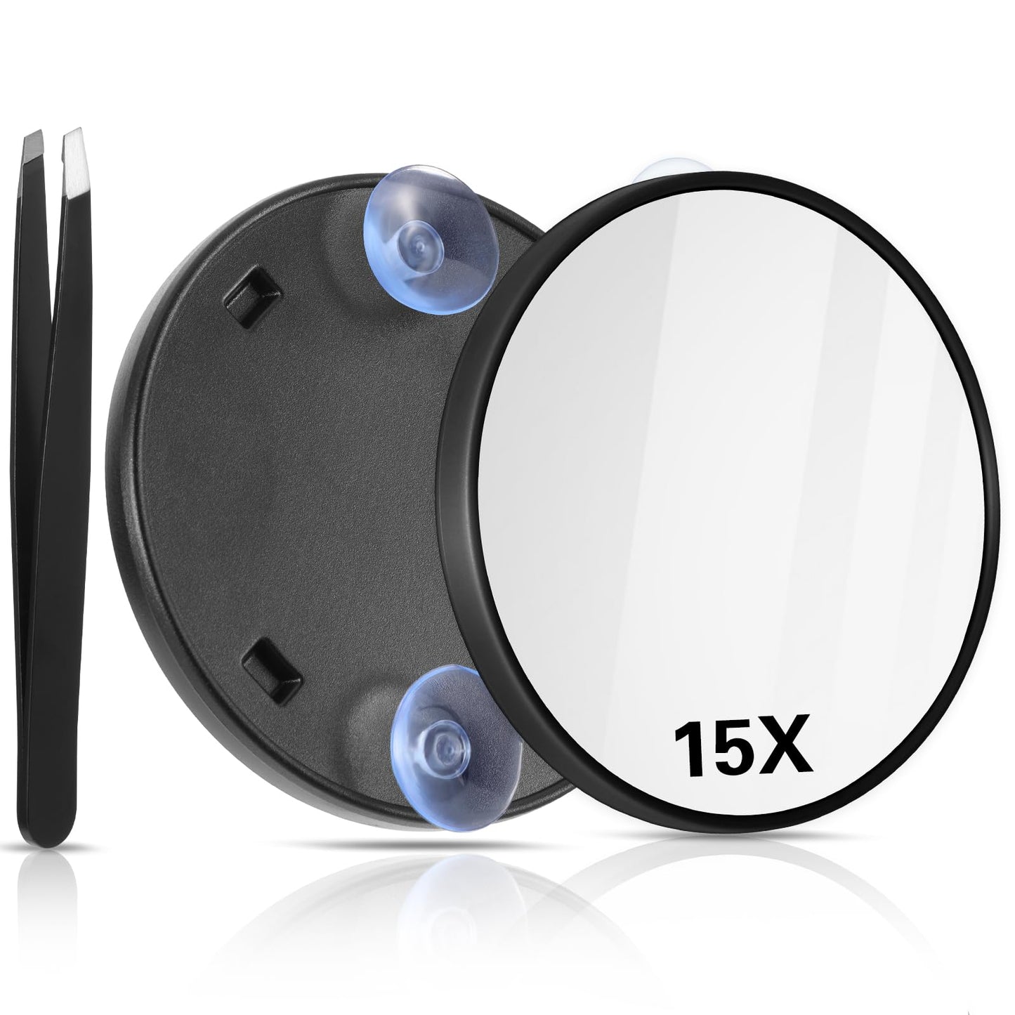 AOZUO Magnifying Mirror Makeup Mirror, Portable Travel Makeup Mirror 15X Round Magnifying Mirror with 2 Suction Cups and Tweezers Kit for Women Men Eyebrow Face Blackhead Blemish Removal (Black)
