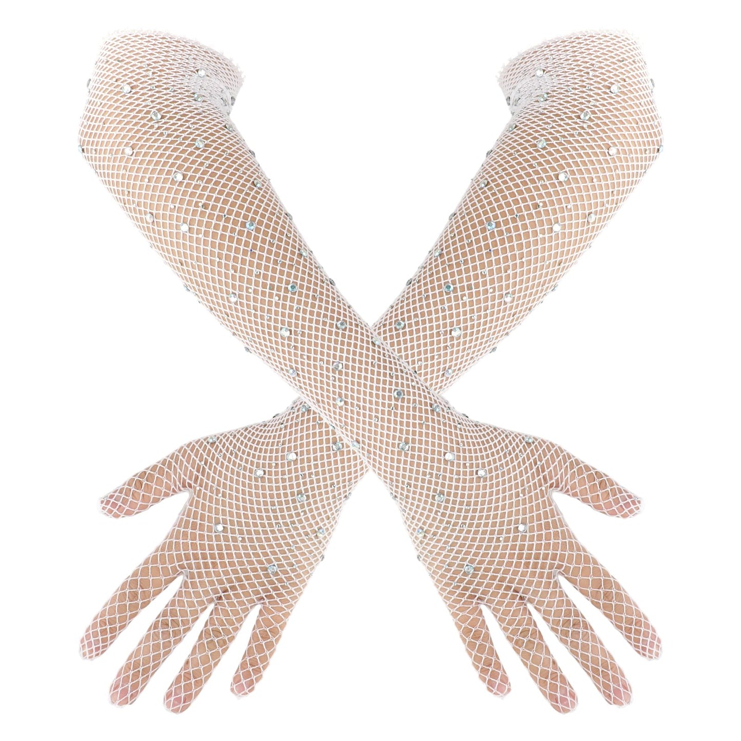 simarro Women's Rhinestone Fishnet Long Gloves, Bling Gown Gloves Mesh Arm Sleeves Opera Gloves Banquet Party Lace Gloves for Costumes Accessories(White)