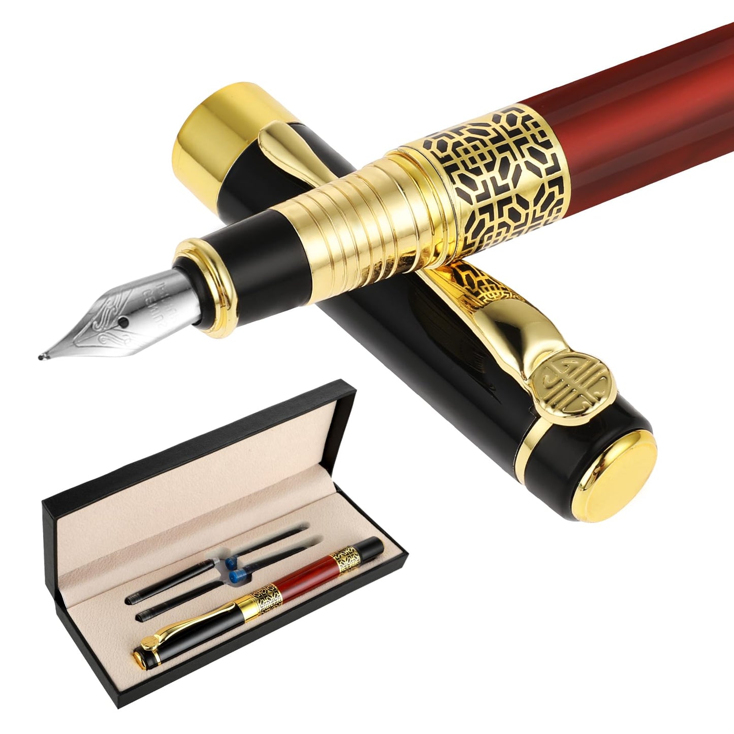 cobee Luxury Fountain Pen Set, 0.7mm Metal Fountain Pen with 4 Pc 3.4mm Ink Cartridges Medium Point Business Writing Pen Calligraphy Pen for Journaling Signature School Office Gift Supplies