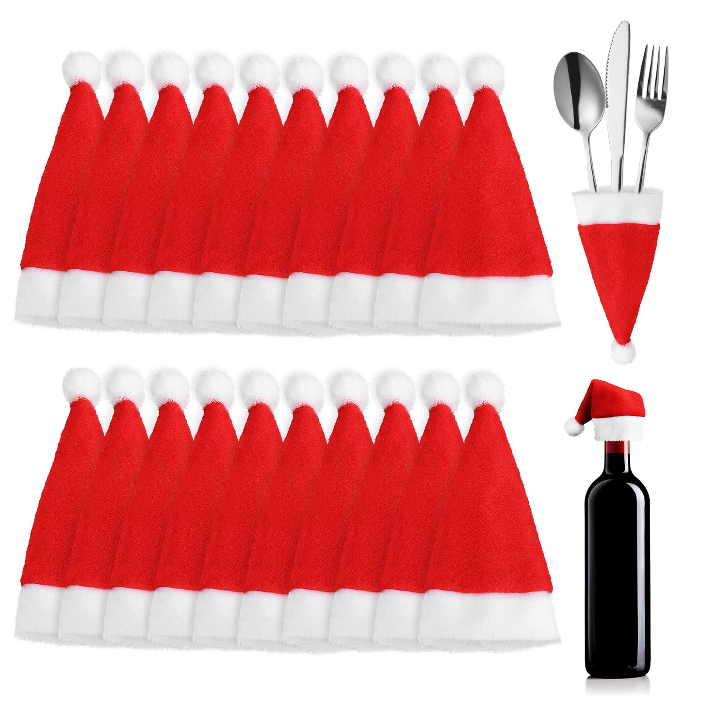 Cobee 20 Pcs Christmas Cutlery Holders, Christmas Santa Hats Silverware Holders, Xmas Hat Tableware Cutlery Bags Christmas Pocket Knifes Forks Holders Dinnerware Decorations for Home Party