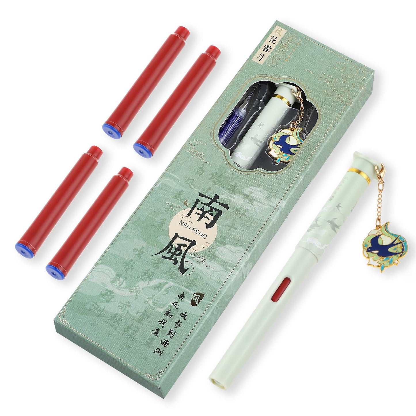 cobee Vintage Fountain Pen with Pendant Set, Extra Fine Point Fountain Pen and 4 Pcs 3.4mm Blue Ink Sac Calligraphy Writing Pen Smooth Writing Pen for Journaling School Office Supplies (C)