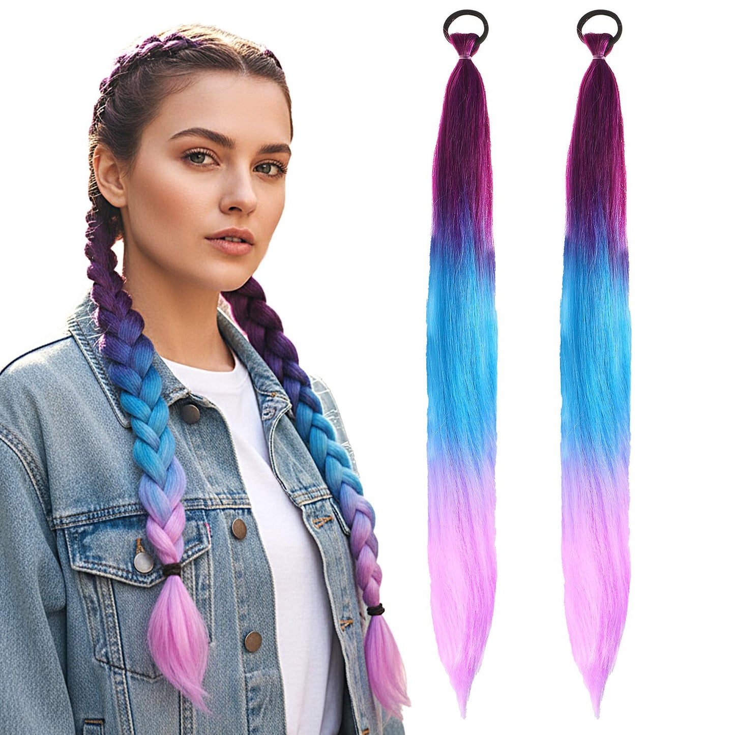 XLIUAX Pack of 2 Synthetic Hair for Braiding, 70 cm Hair Strands for Braiding Braids Extensions with Hair Scrunchie Braided Braid Hairpiece for Children Party Holiday Carnival Decoration