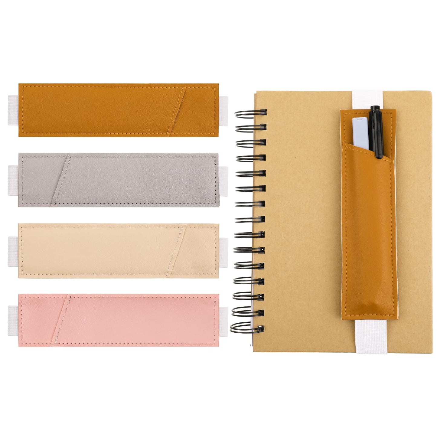 Molain Adjustable Pen Holder, 4pcs Elastic Band Pencil Pouch PU Leather Pencil Holder Pen Case Reusable Pen Holder Pencil Case for Planners Notebook Binders and Books (Color 2)