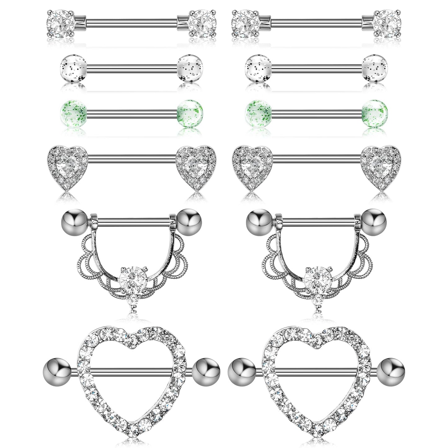 Bewudy 6 Pairs Nipple Rings Women Body Piercing Barbells, 14G Nipple Bars Surgical Stainless Steel, Zirconia Nipple Rings Body Piercing Jewelry for Women Gold