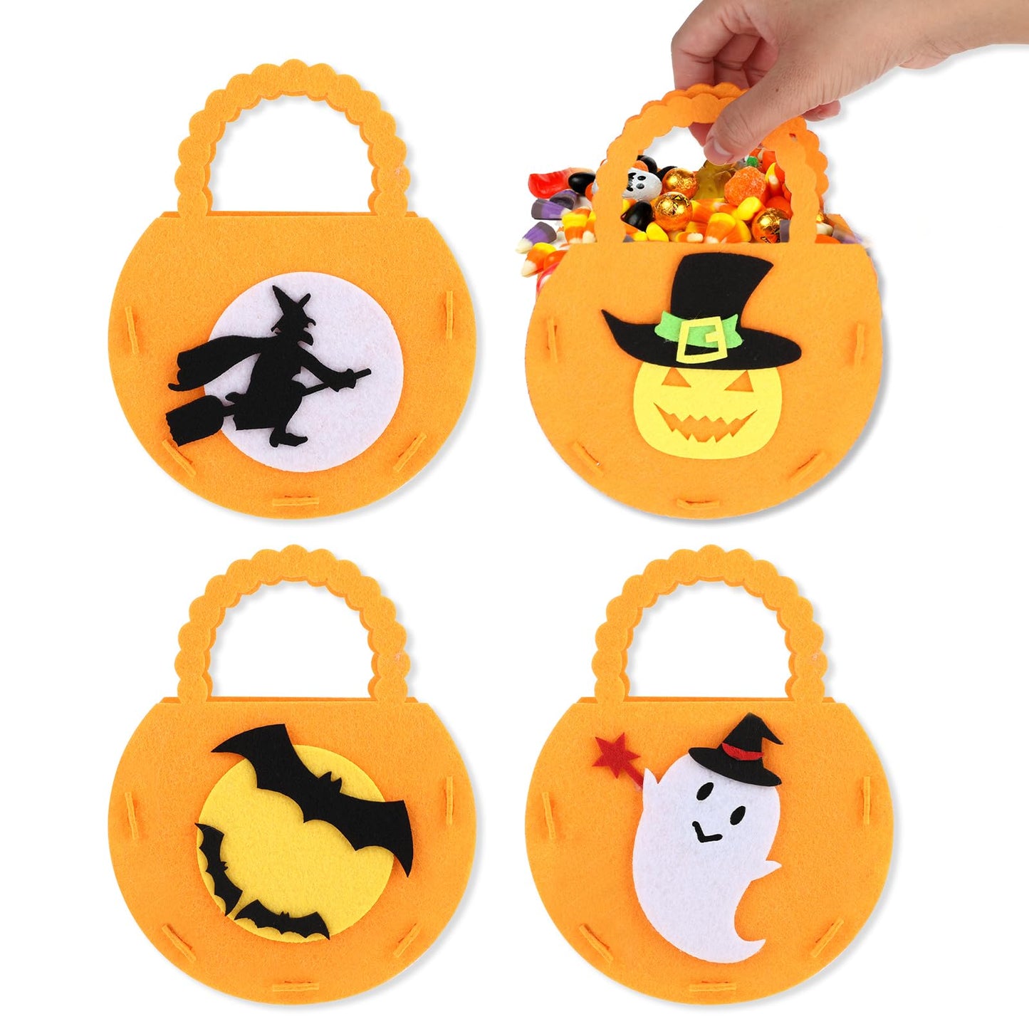4 Pack Halloween Pumpkin Candy Bags for Kids, Trick or Treat Baskets with Handle Pumpkin Ghost Black Cat Owls Tote Goodie Gift Bags for Kids Halloween Party Favors