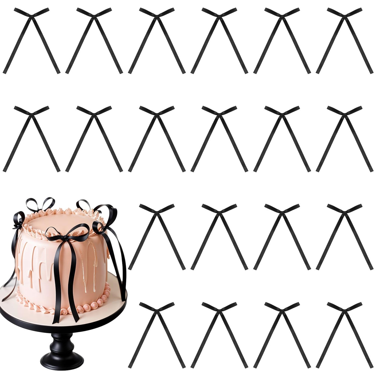 Yuanchu Pack of 20 Cake Decorations with Bow, Black Bow Cake Decoration Birthday Cake Decoration Ribbon Bows Cake Decoration Cake Topper Wedding Cake Decoration for Valentine's Day Wedding (Black)