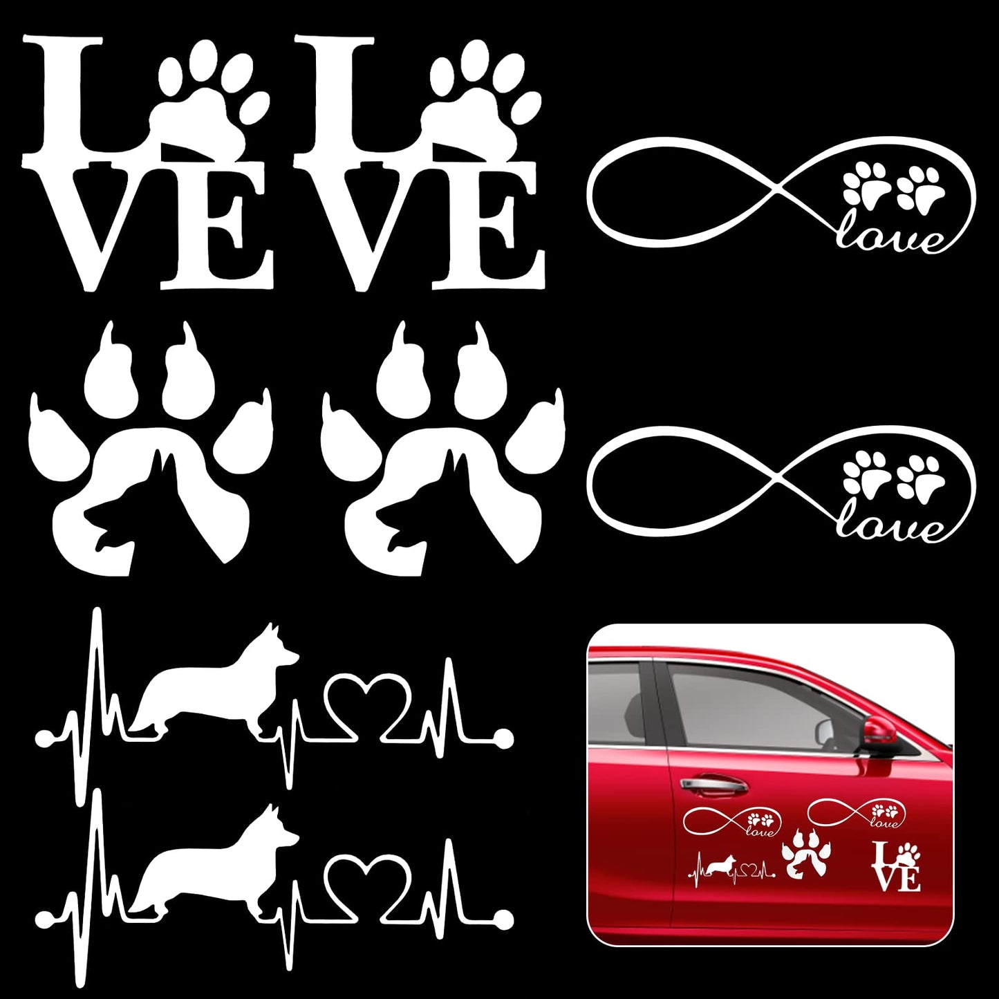 cobee Dog Paw Car Stickers, 8PCS Waterproof Dog Love Auto Decals Dog Footprint Car Decal Self Adhesive Car Decoration Sticker for Bumper Window Wall Laptop Luggage(White)