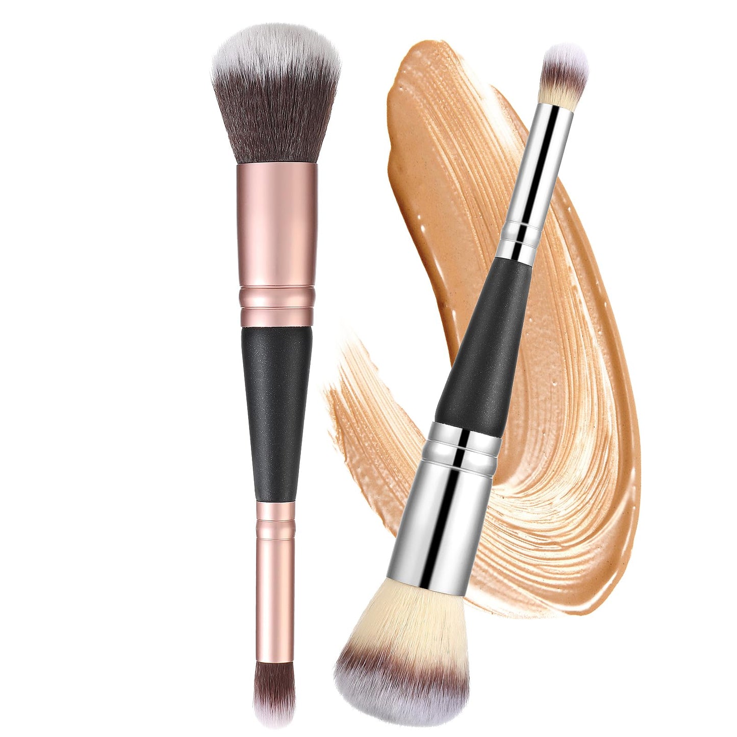 Amabro 2pcs Dual-ended Makeup Brushes, Facial Kabuki Foundation Brush and Concealer Brush Soft Bristles Face Make Up Brush for Women Liquid, Cream, Concealer, Blending, Loose, Buffing