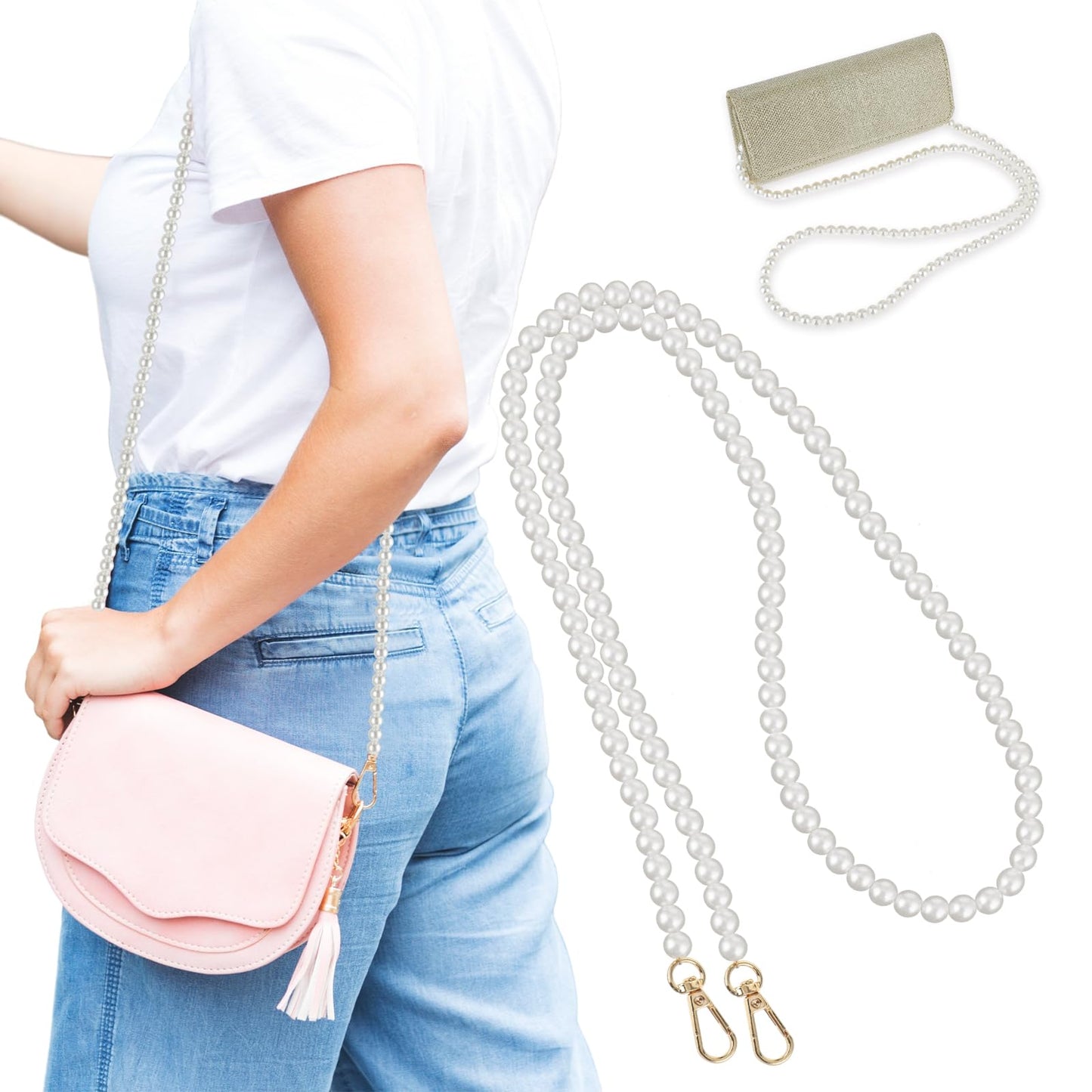 Amabro Pearl Chain Strap, 47" Imitation Pearl Bead Purse Strap Crossbody Bag Chain Replacement Pearl Handle Chains Accessories with Metal Buckles for Handbag Clutch Purse Phone Strap