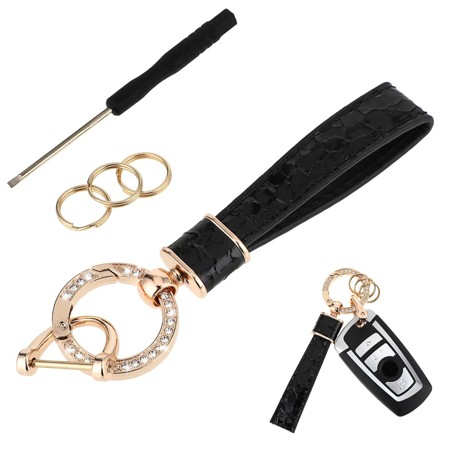 Amabro Leather Car Keychain, Universal Car Keyring Holder with Diamond Anti-lost D-Ring 360 Degree Rotatable Car Key Fob with Screwdriver for Men Women Keyrings Car Accessories Family Present(Black)