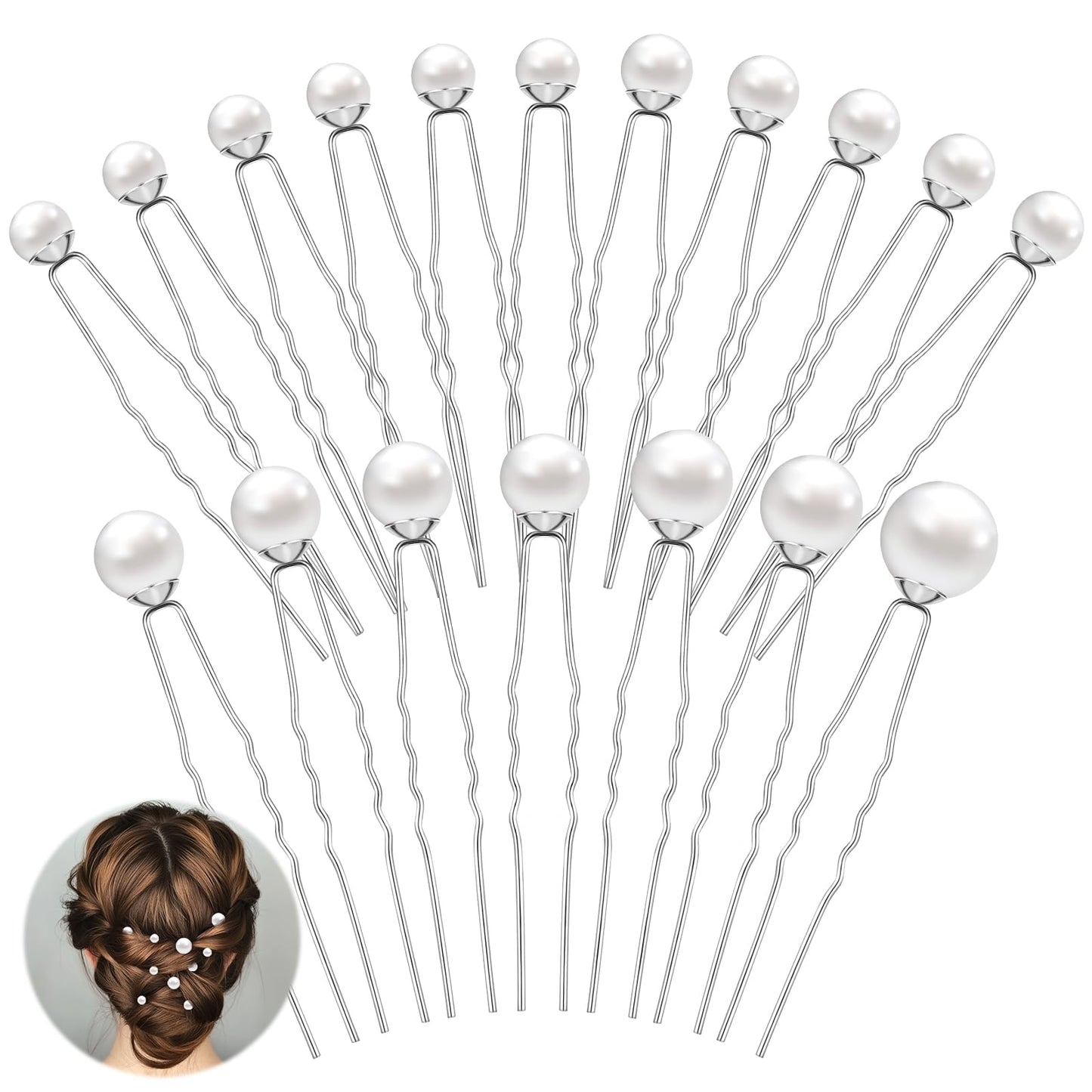 Yuanchu Pack of 18 Pearl Hair Pins, U-Shape Bridal Hair Accessories, 5 Sizes, Beads, Hair Accessories, U-Shaped Pearl Hairpin, Bridal Pearls Hair Pins for Wedding, Prom, Party, Girls, Bridesmaid