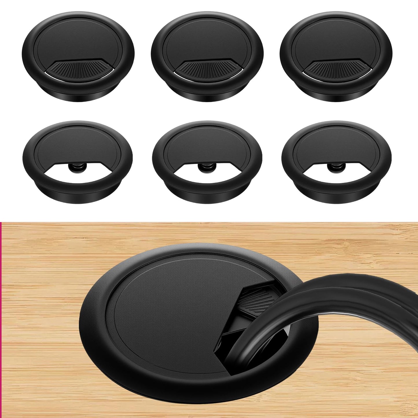 WJIAAA Pack of 6 Cable Grommet Desk, Cable Pass 60 mm Plastic Desk Cable Grommet Table Round for Table Office Desks Cable Grommets (Black)