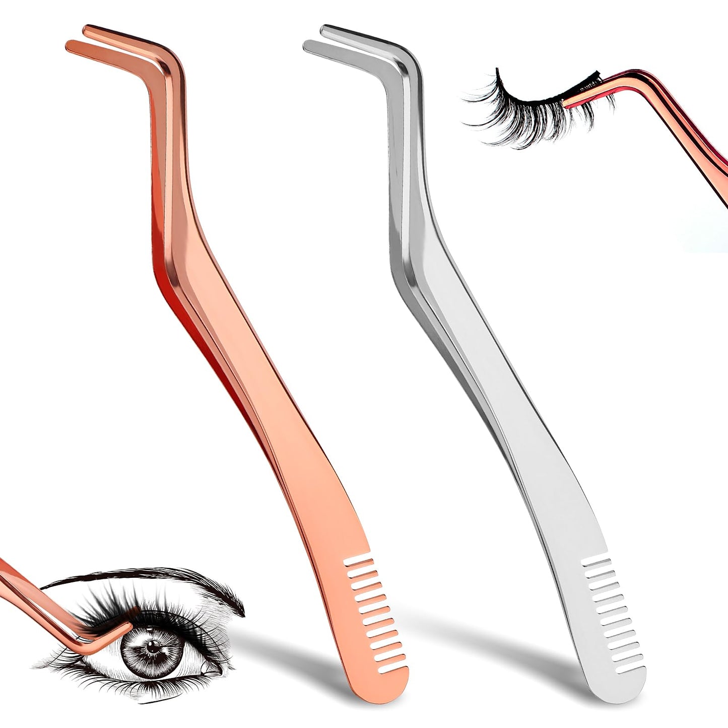 TIESOME Stainless Steel 2 in 1 Eyelash Tweezers with Comb, Rose Gold & Silver, False Lash Applicator Tool for Precise Application & Grooming