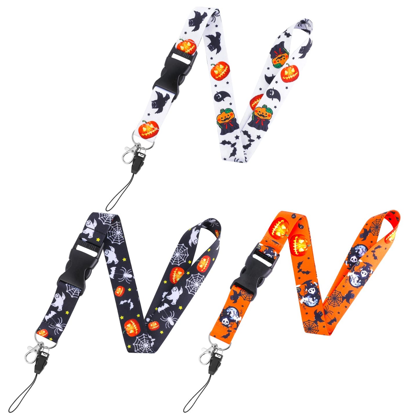 cobee 3 Pcs Halloween Series Keychain Lanyard for Keys Phone, Detachable Soft Fabric Neck Lanyard with Swivel Lobster Clasp, Badge Lanyard with Pumpkin, Bat, Ghost, Spider, Owl Halloween Pattern