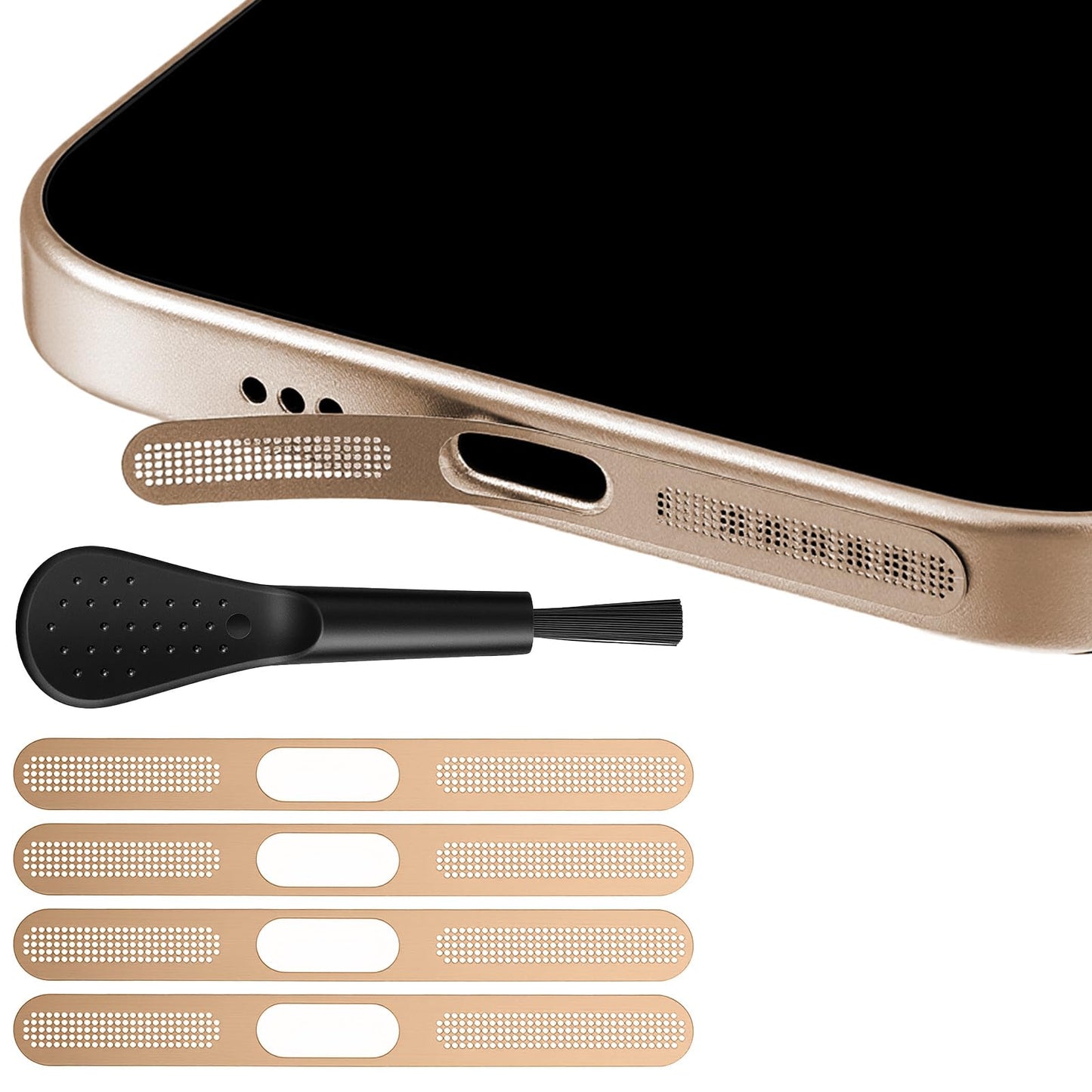 XLIUAX Pack of 4 Dustproof Mesh Stickers, 1 Brush, Integrated Protection Speaker Charging Port, Anti-Dust, Precision Protection for Speakers, Charging Port Sensors for Cellphone16 Pro Max (Gold)