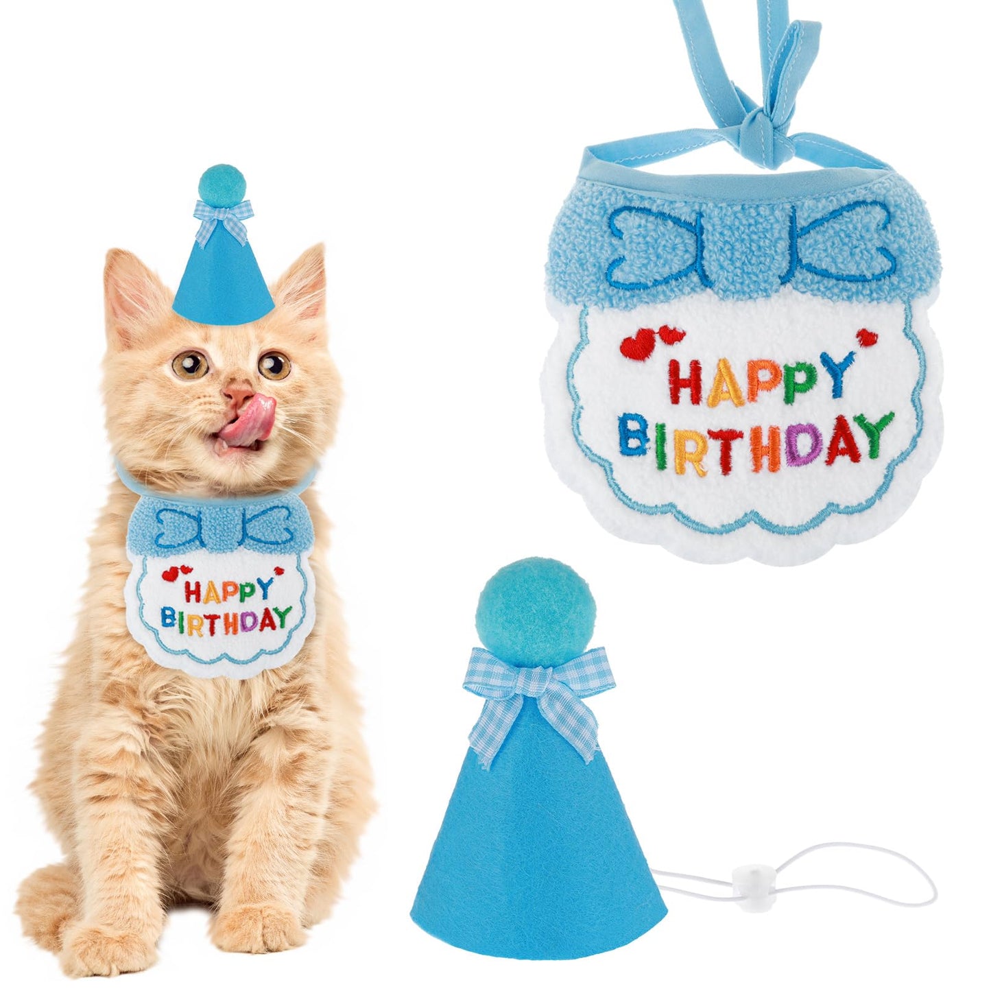 Yuanchu Cat Birthday Hat and Bib, Cat Birthday Party Bandana Outfit Cute Cat Pet Hat Scarf Decoration Set Lovely Cat Hat and Bid Outfit for Cat Puppy Kitten Birthday Party Decorations(Blue)