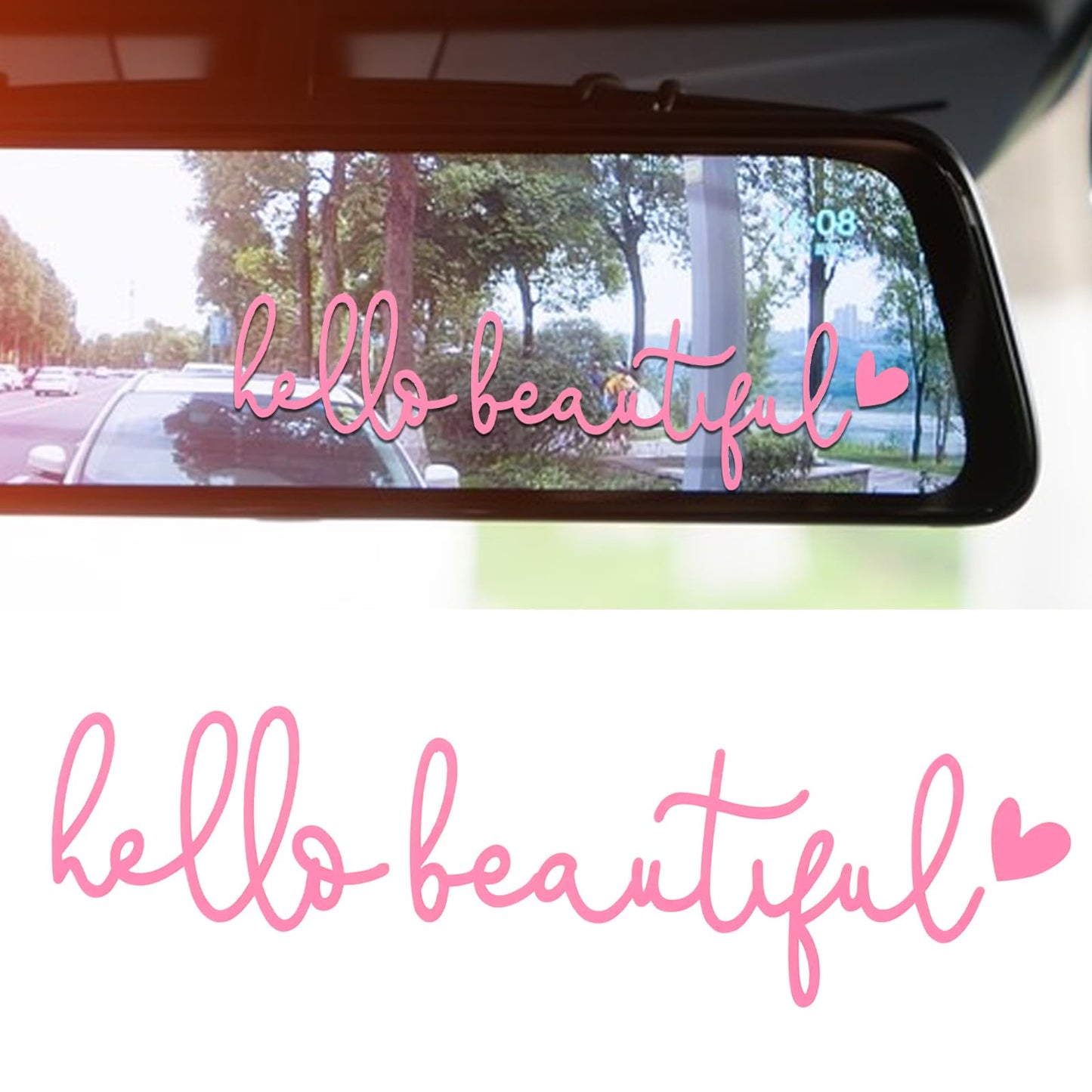 Yuanchu Pack of 3 Hello Beautiful Mirror Stickers, Vinyl Rear View Mirror Stickers, Positive Affirmation for Women, Girls, Laptop, Water Bottle, Cosmetic Mirror (Pink)