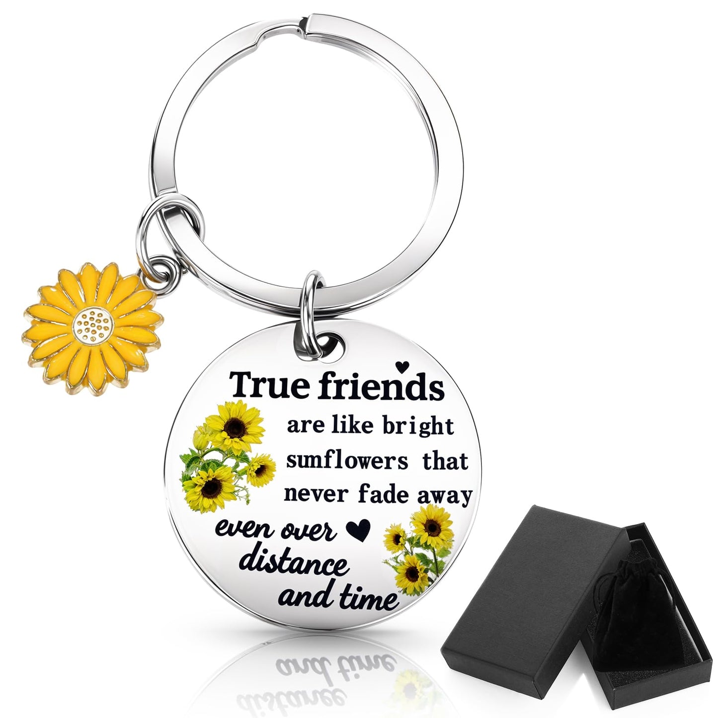 Yuanchu Sunflower Keyring Gifts, 1 with Gift Box, Flannel Bag, Stainless Steel, Inspirational Birthday Gift, Silver, Women Pendant, Guardian Angel Car Charm, Bff, True Friends, silver, 5,9 x 3cm / 2,3