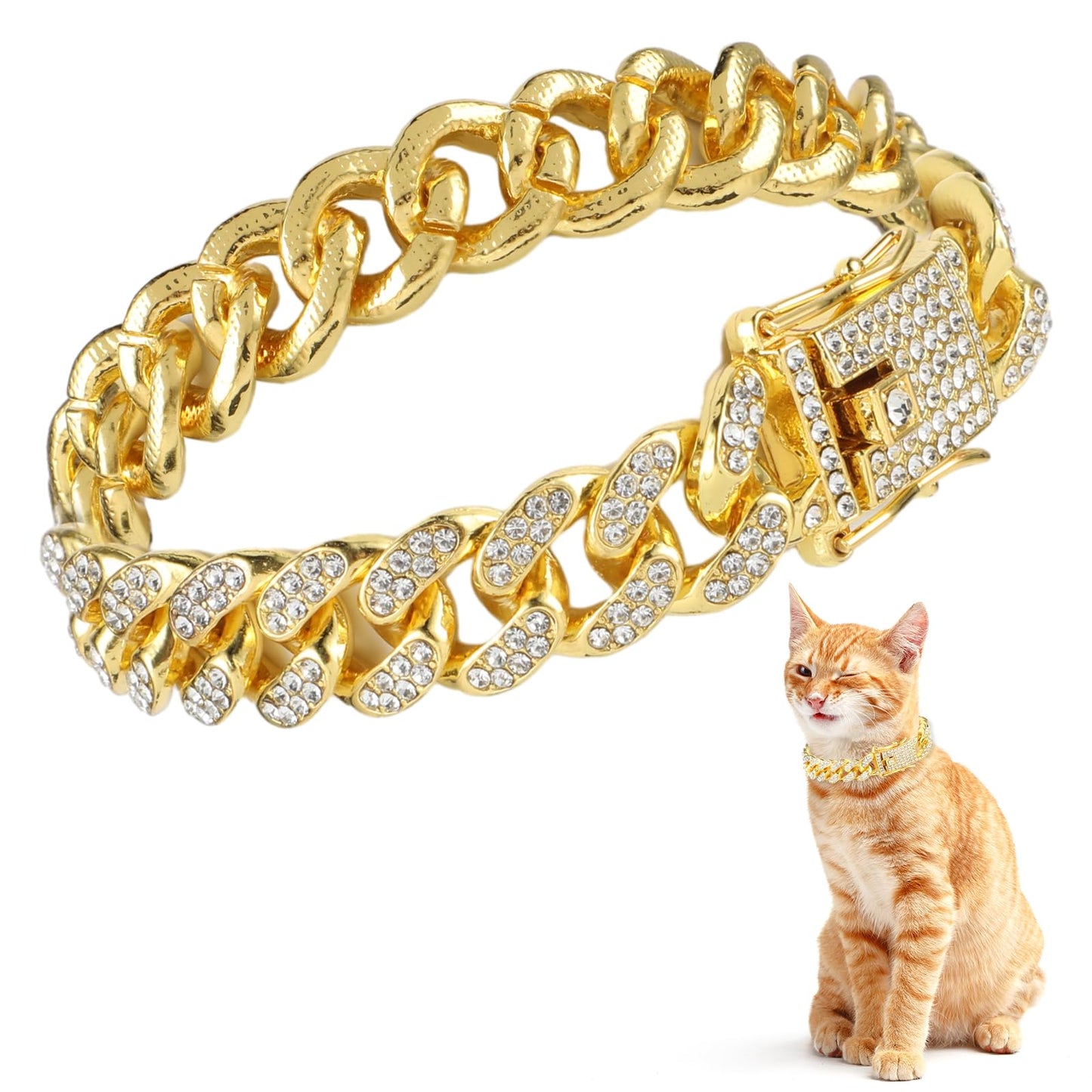 Amabro Diamond Cat Chain Collar, Metal Cuban Link Dog Collar with Secure Buckle 12mm Wide Cat Pet Necklace Chain Pet Collar Jewelry Accessories for Small Medium Dogs Cats Puppy Kittens 8inch(Gold)