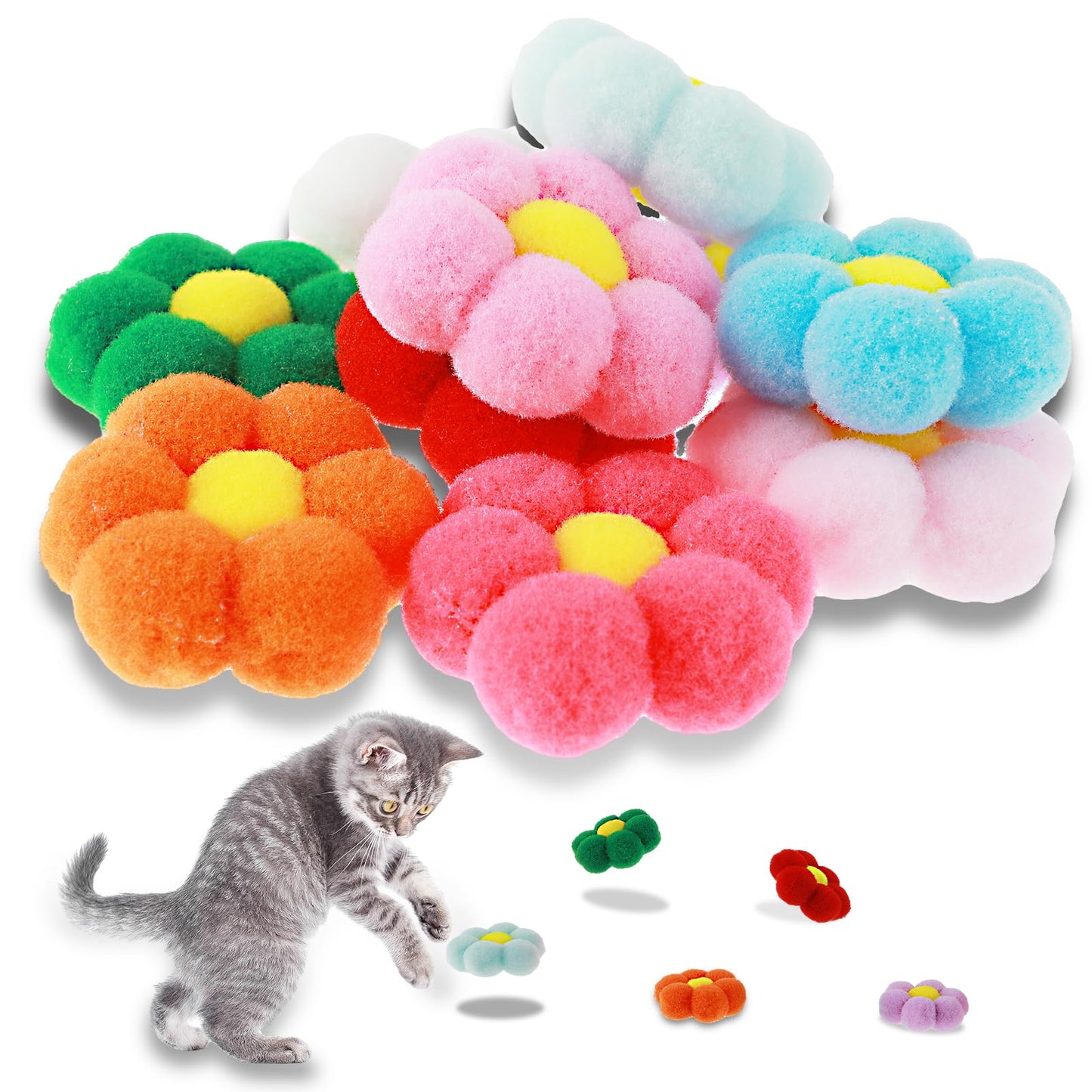 TIESOME Cat Toy Balls Sun Flower, 10 PCS Cat Balls for Indoor High Elasticity Soft Safe and Silent Kitten Pom Pom Ball Iincrease Cat Exercise Cat Hunting Instincts Chewing Interactive Cat Toys