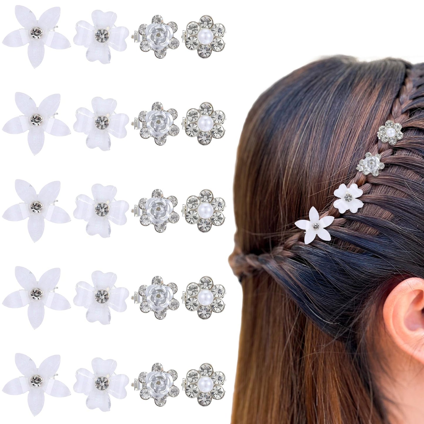 Yuanchu White Flower Hair Barrettes Small 20 Pieces Acrylic 4 Styles Small Size Wedding Decoration Rhinestone Pearl Hair Clips for Fixed Performance Headwear